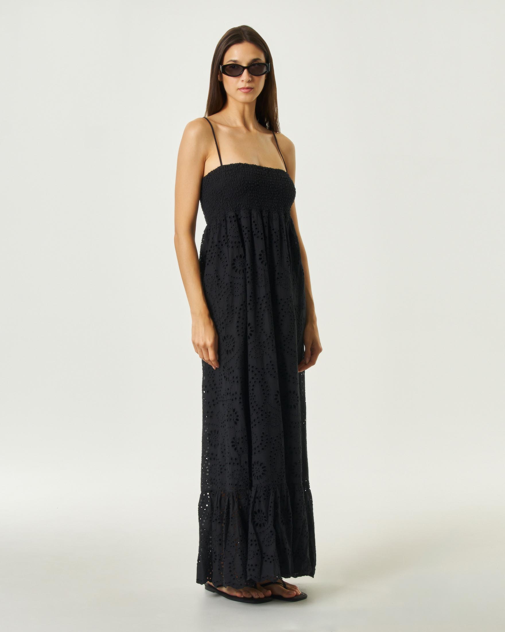 Abito lungo Jemma MC2 Saint Barth nero in cotone con ricamo a punto smock