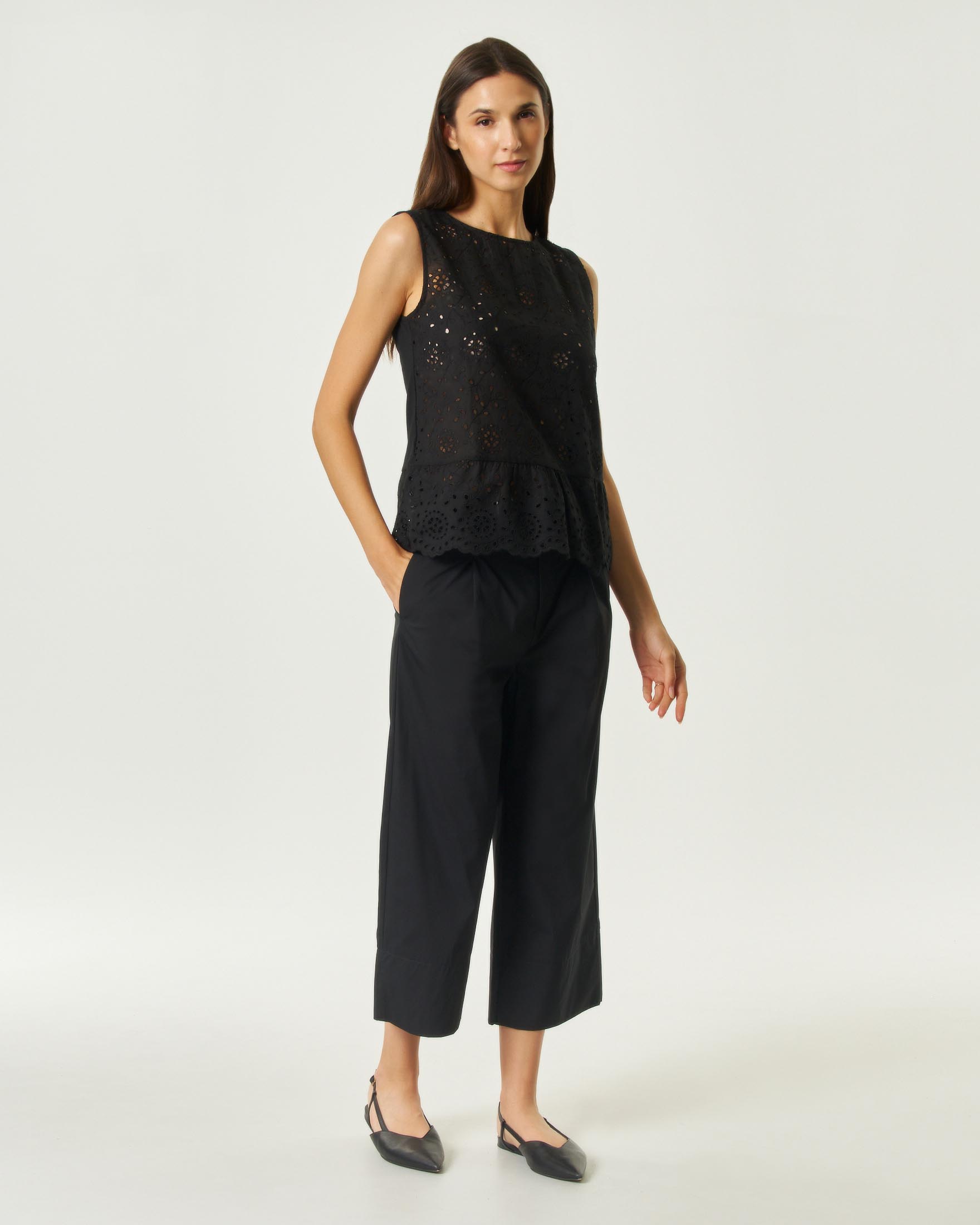 Emme Marella — Pantaloni crop Emme Marella neri in popeline di cotone stretch con cintura in vita