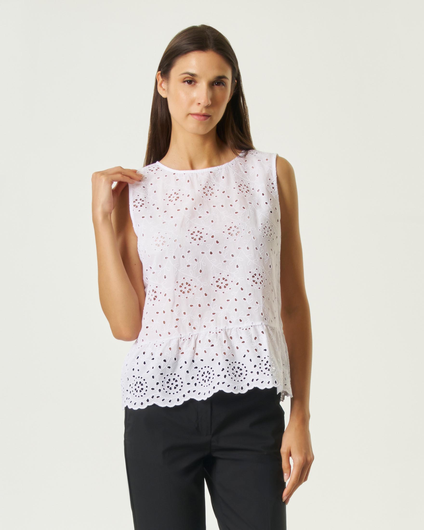 Top smanicato Emme Marella bianco in sangallo con balza e retro in jersey