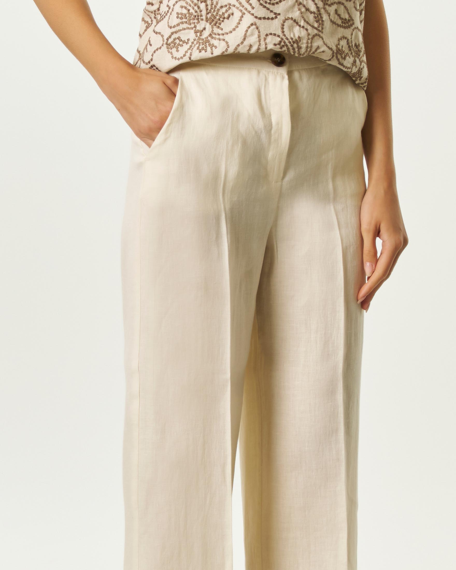 Pantaloni cropped Emme Marella écru in lino con piega stirata e tasche alla francese image
