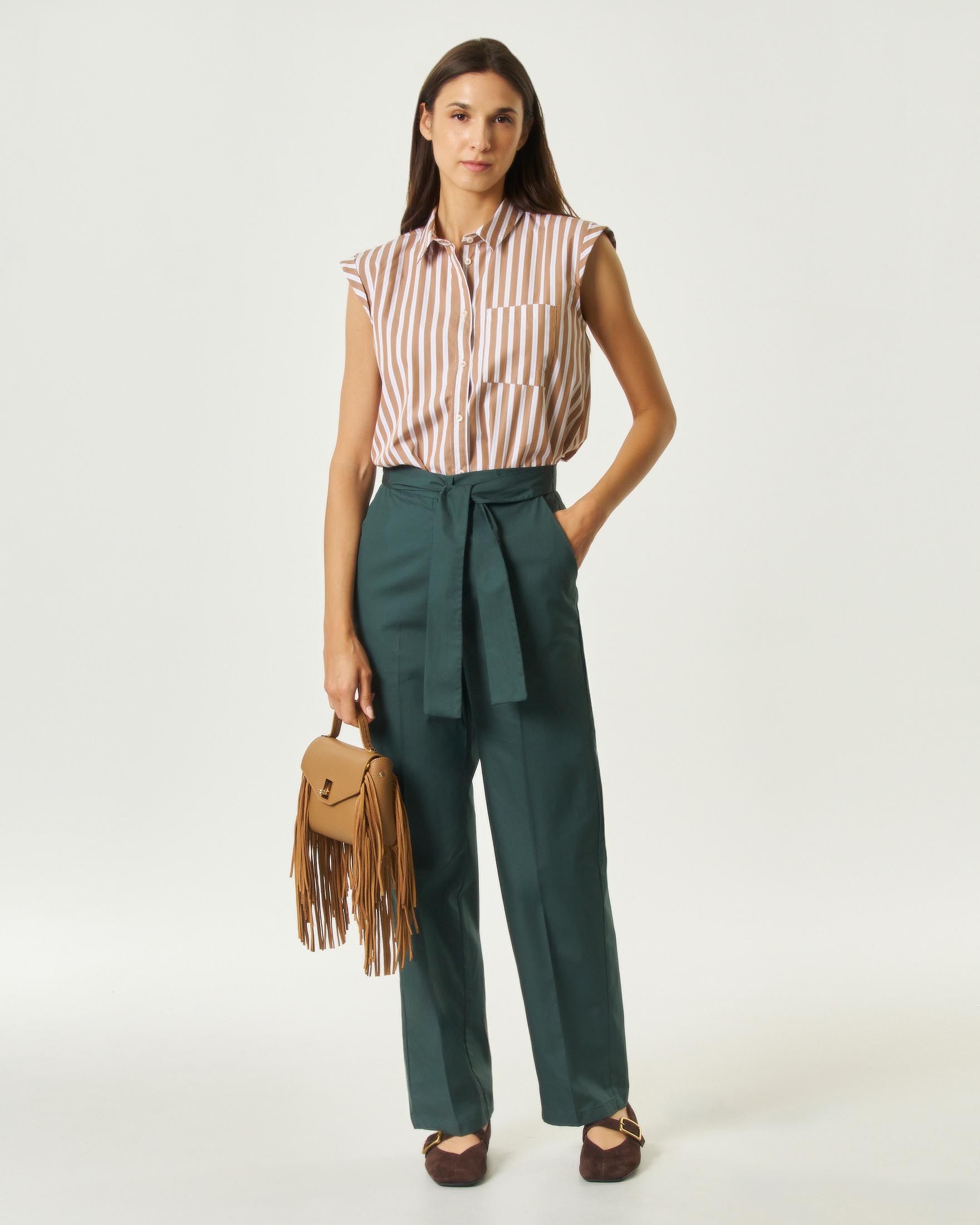 Pantalone dritto Emme Marella verde scuro in puro cotone con fusciacca in vita