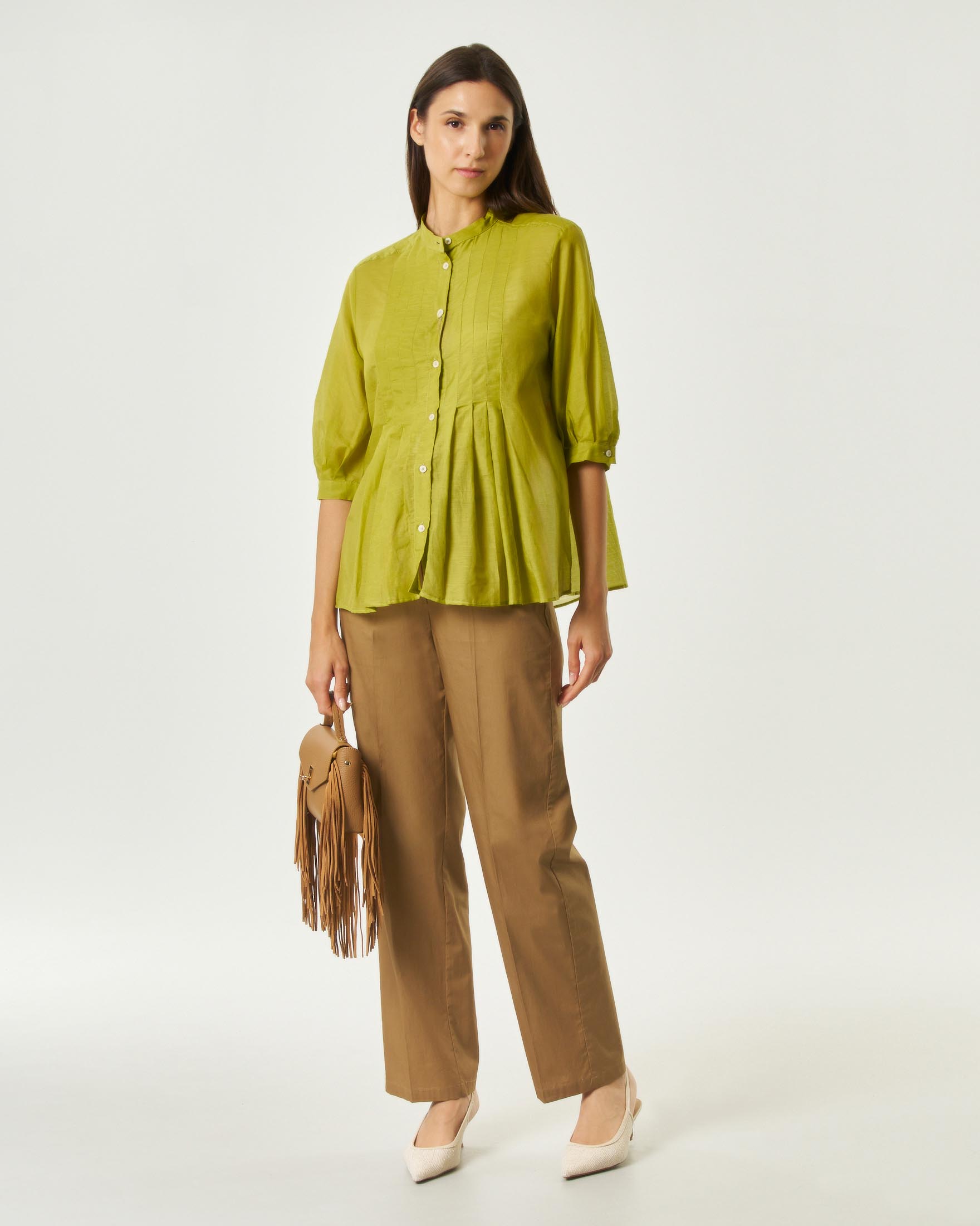 Pantalone dritto Emme Marella cammello in puro cotone con fusciacca in vita