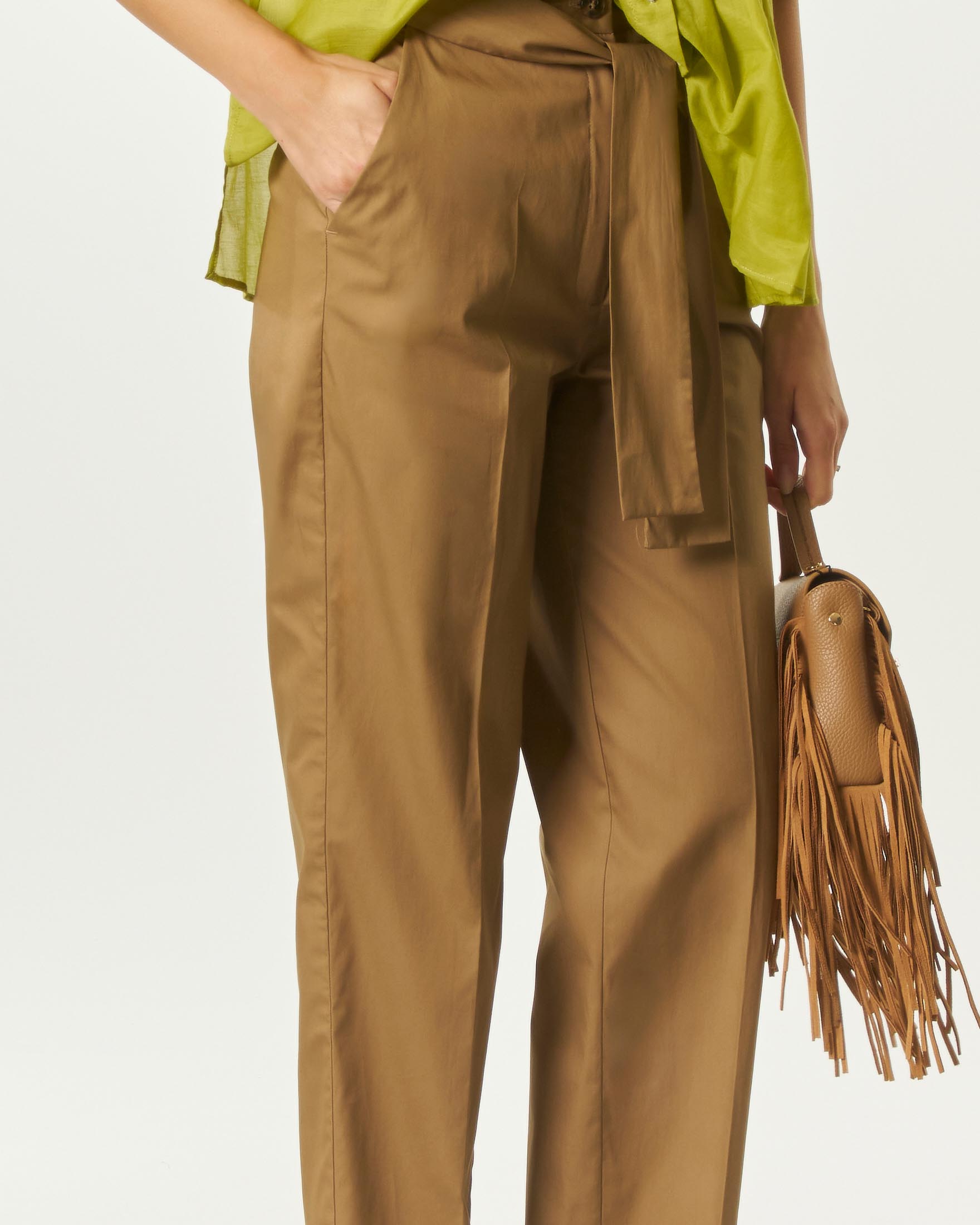Pantalone dritto Emme Marella cammello in puro cotone con fusciacca in vita image