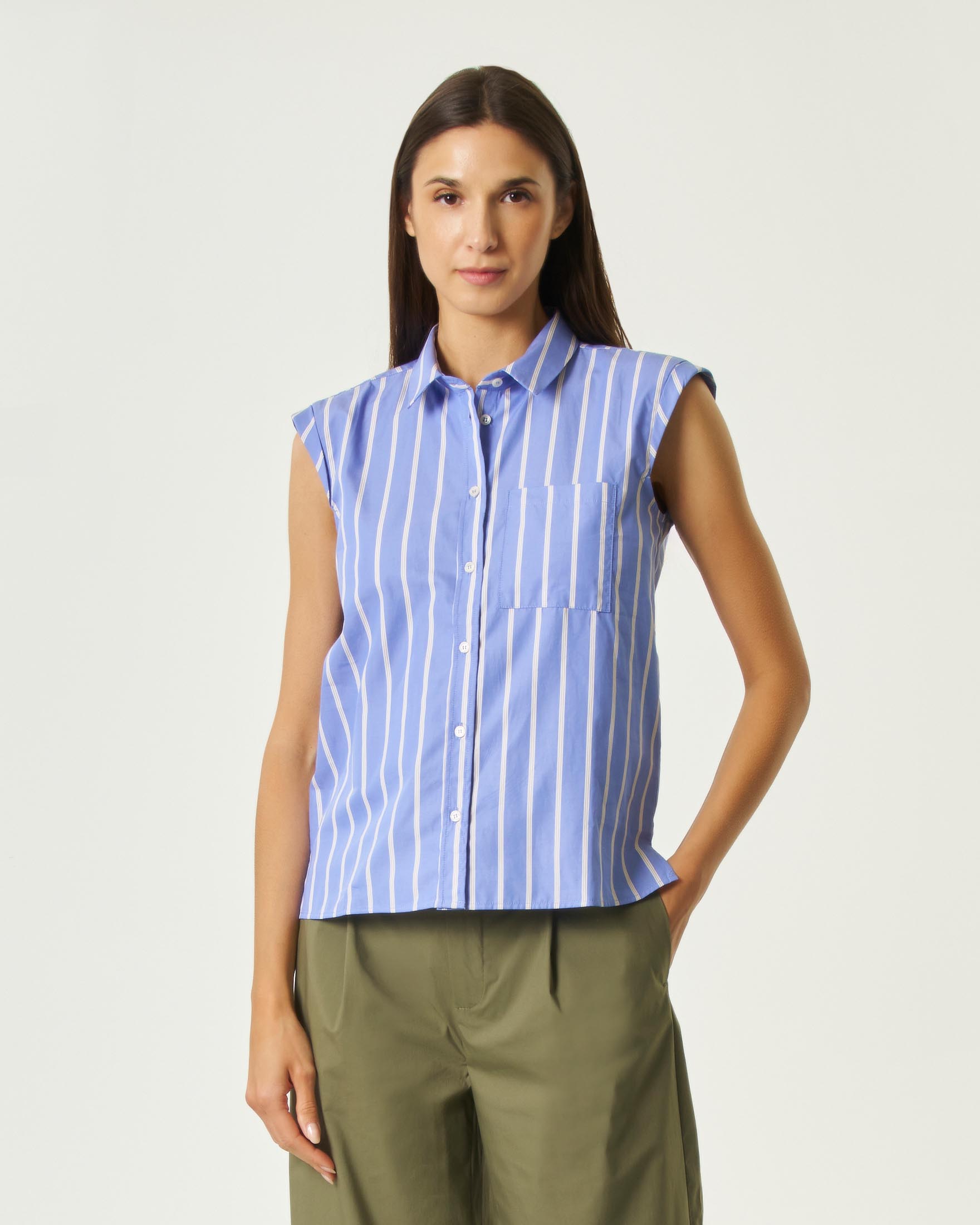 Camicia Emme Marella azzurra e beige righe bajadera in popeline con taschino