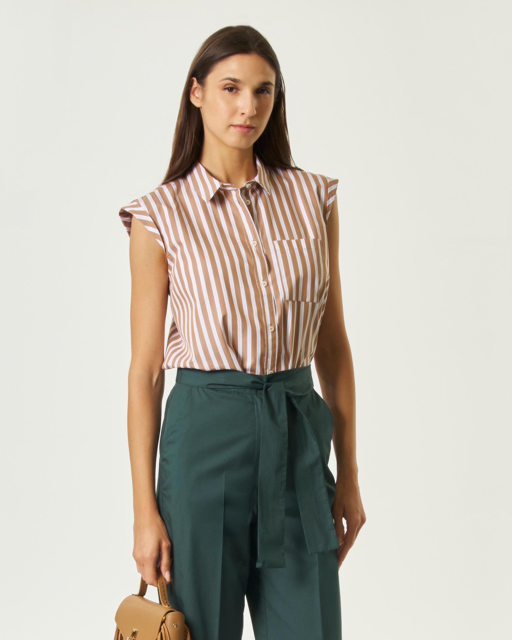 Camicia Emme Marella color cammello a righe bajadera in popeline con taschino