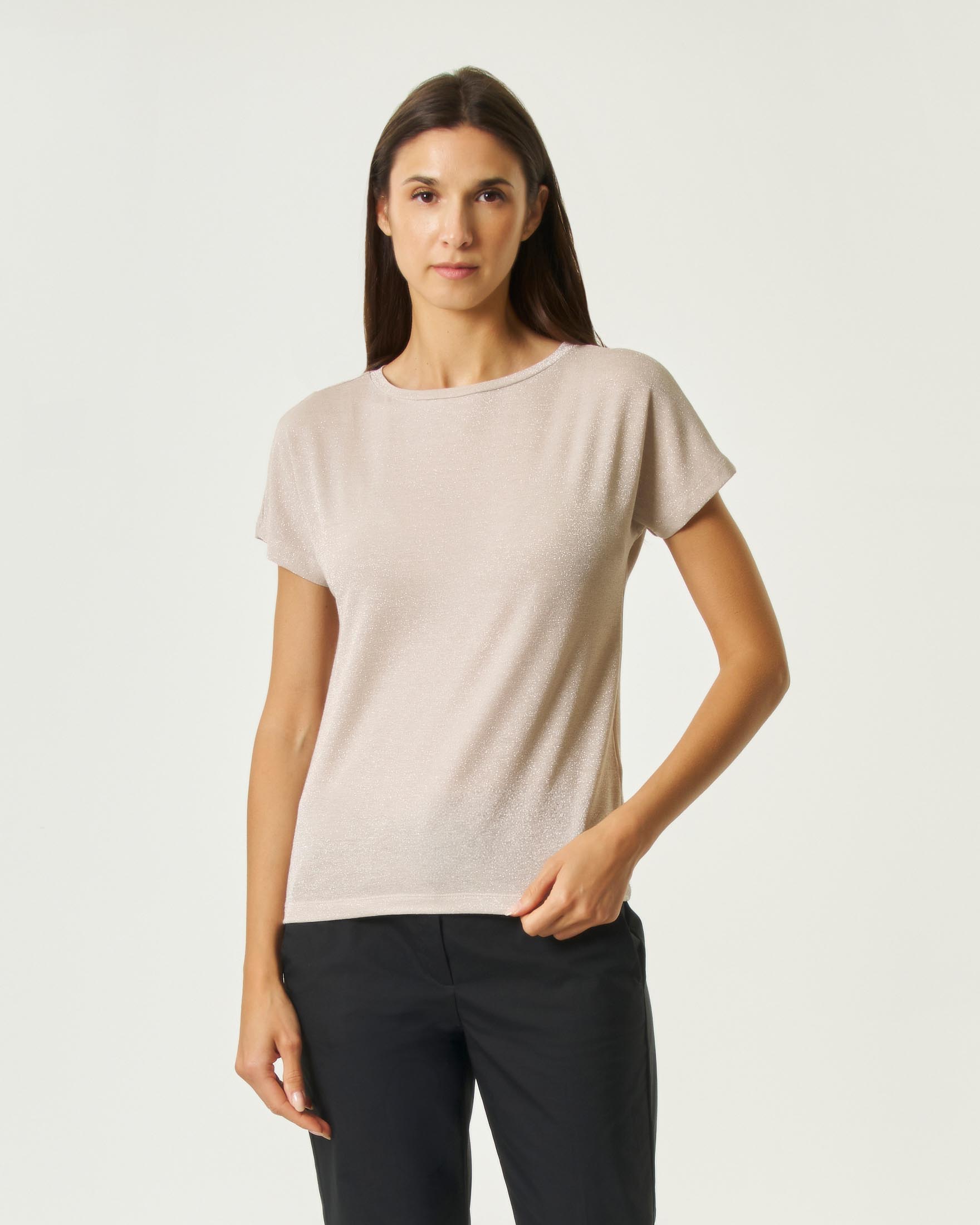 T-shirt maniche corte Emme Marella beige in jersey lurex stretch con scollo ampio