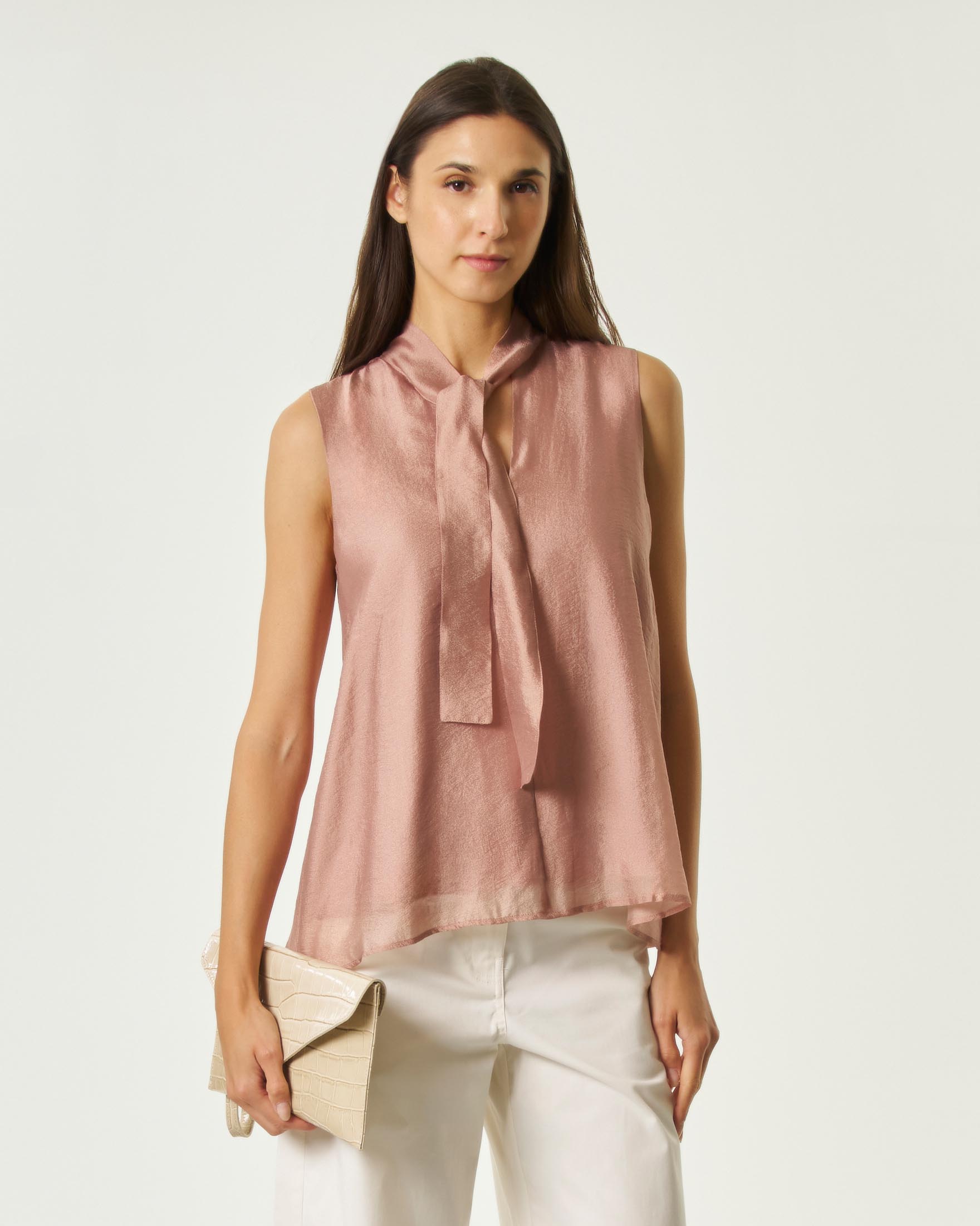 Emme Marella — Blusa senza maniche Emme Marella color malva in organza di viscosa con fiocco da annodare