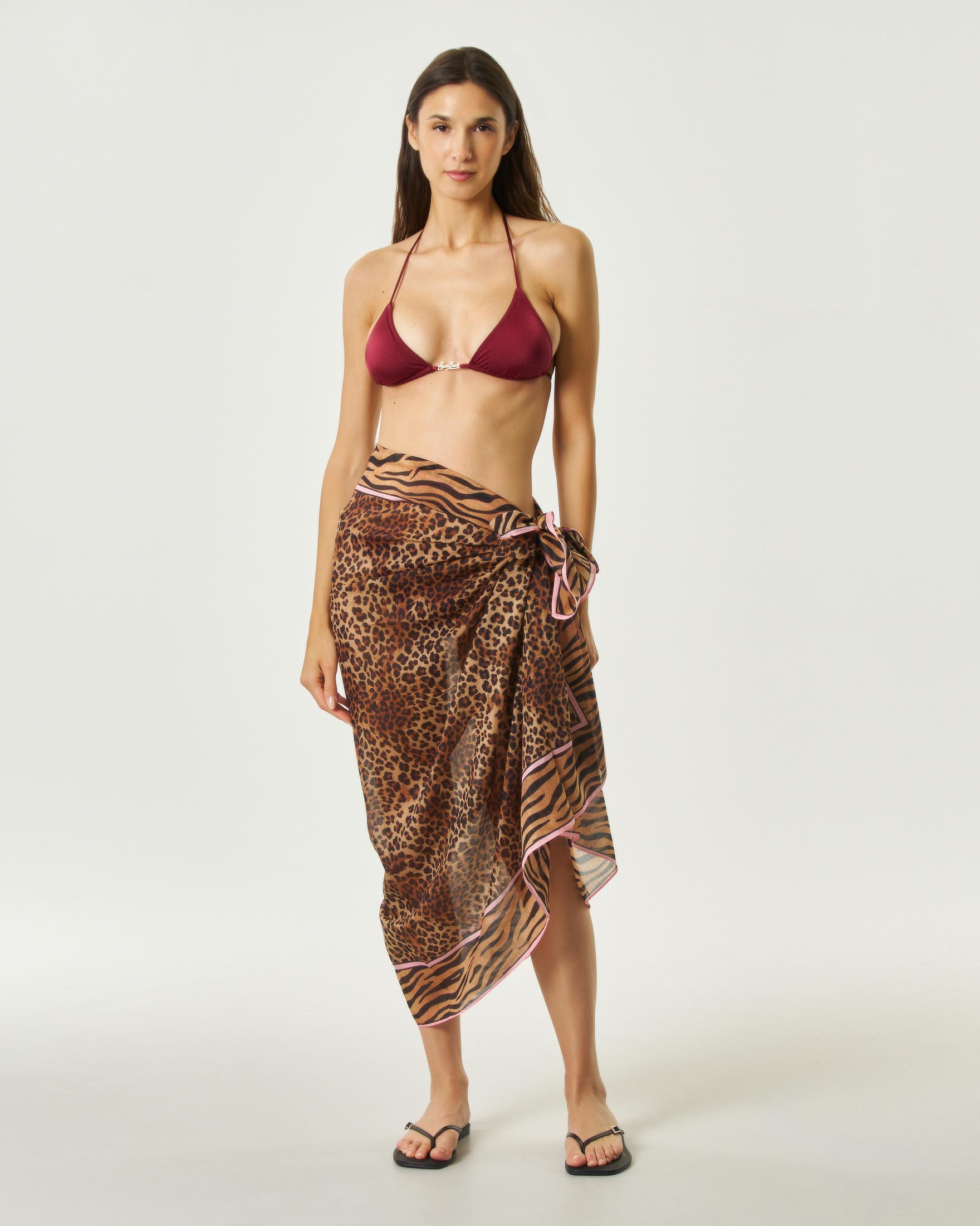 Pareo Thaiti Mc2 Saint Barth color moro e rosa in cotone con stampa animalier