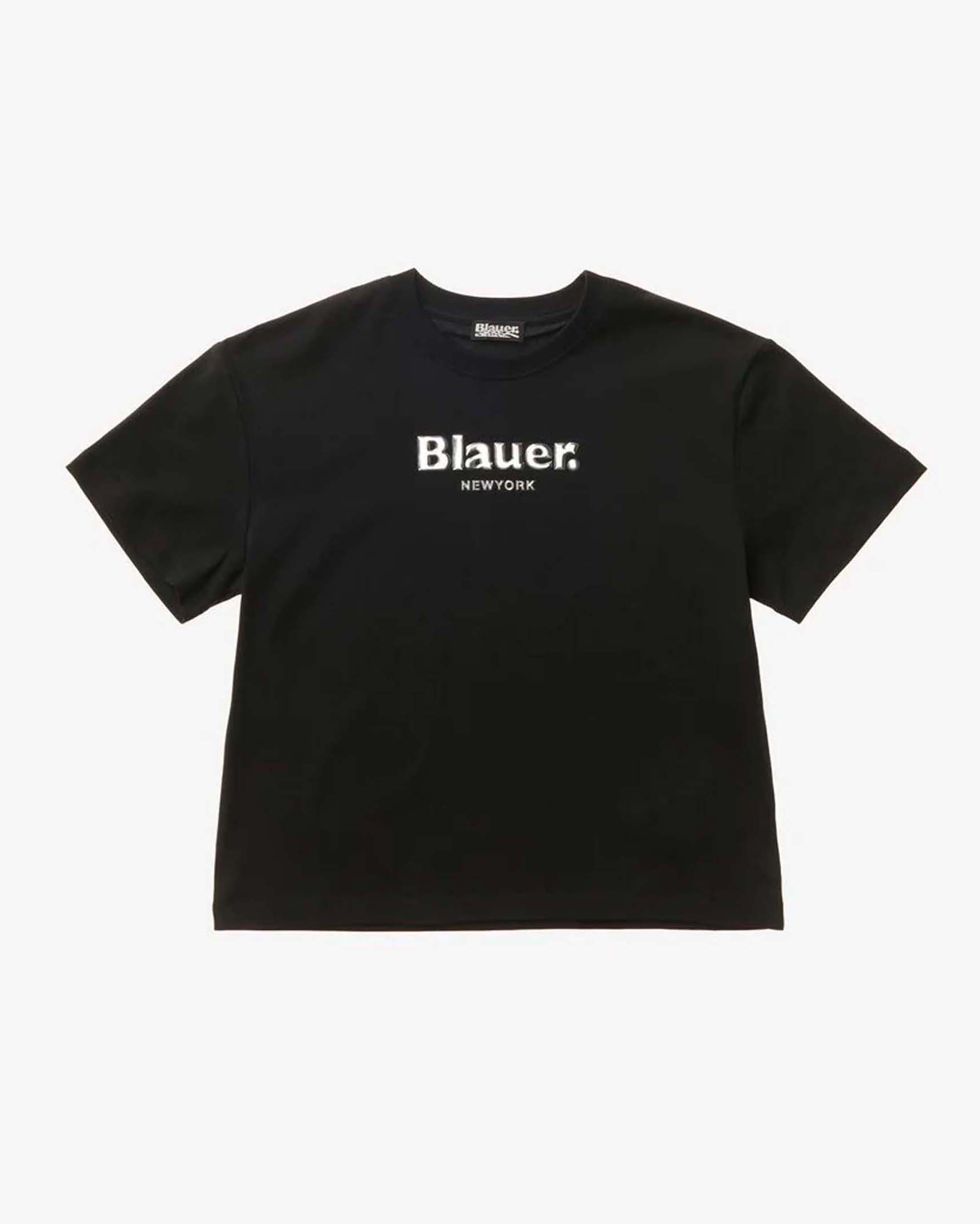 T-shirt nera Blauer con scritta logo bianca