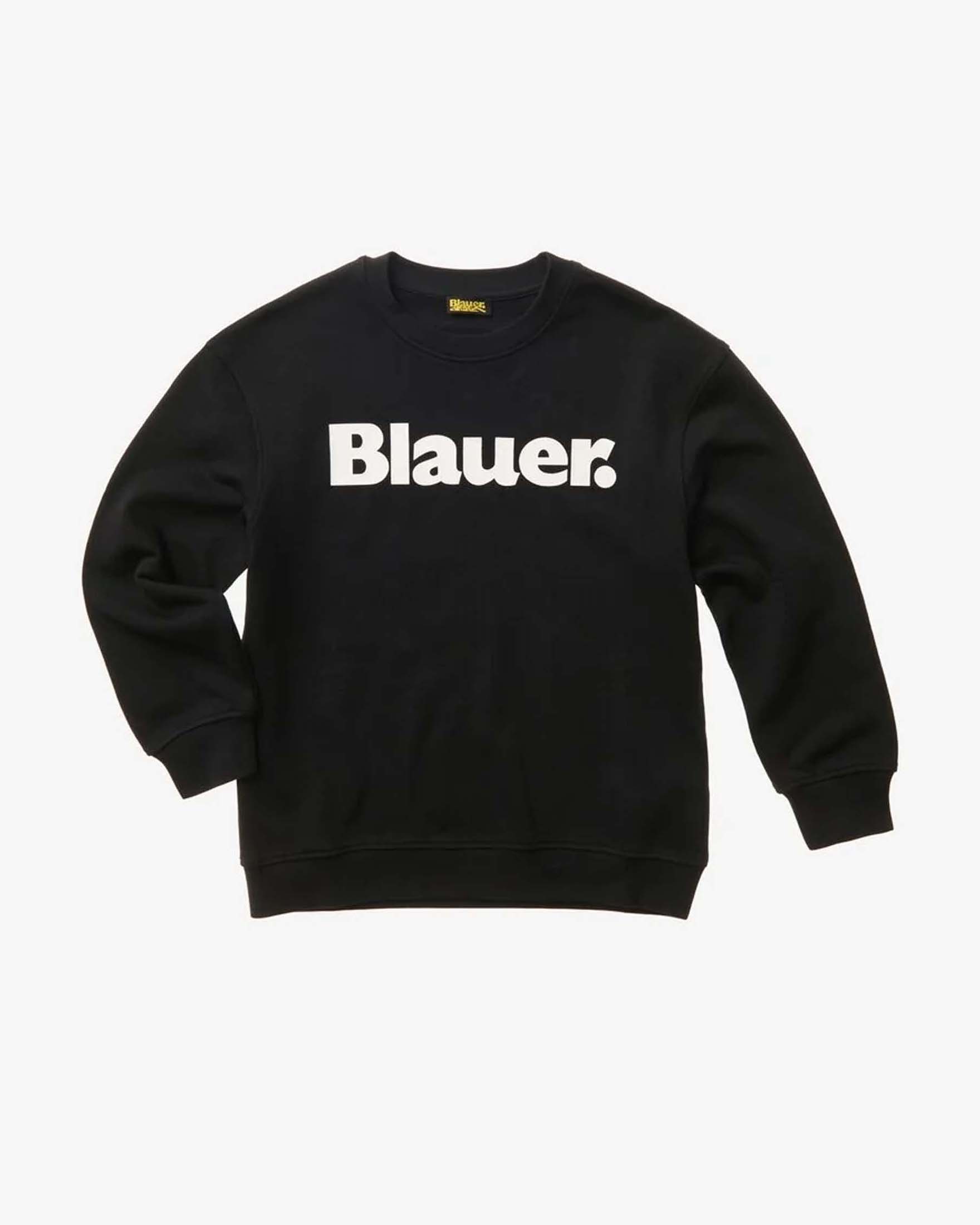 Felpa nera Blauer in cotone con scritta logo bianca