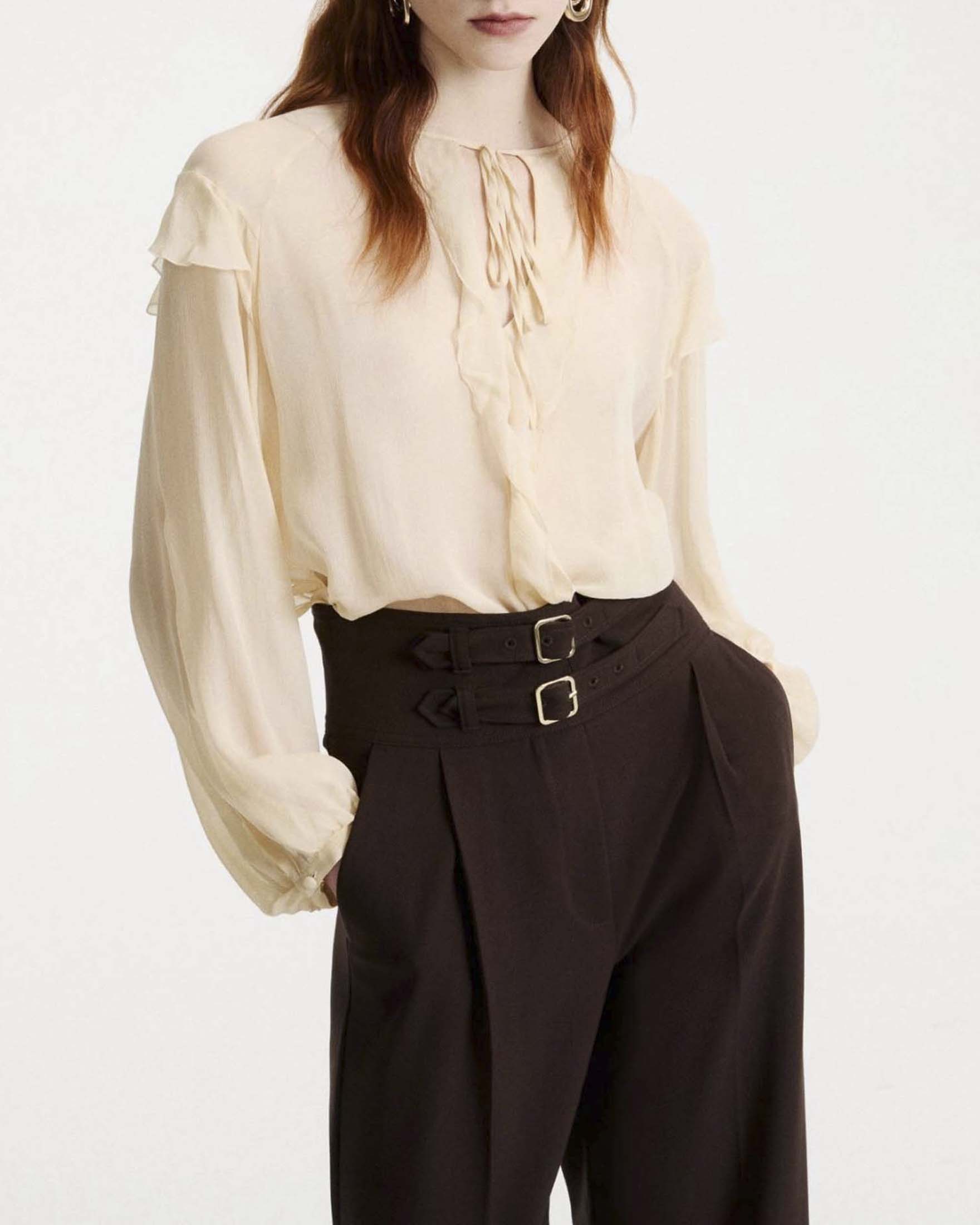 Blusa Marella color crema in creponne di viscosa con volant e maniche ampie raglan