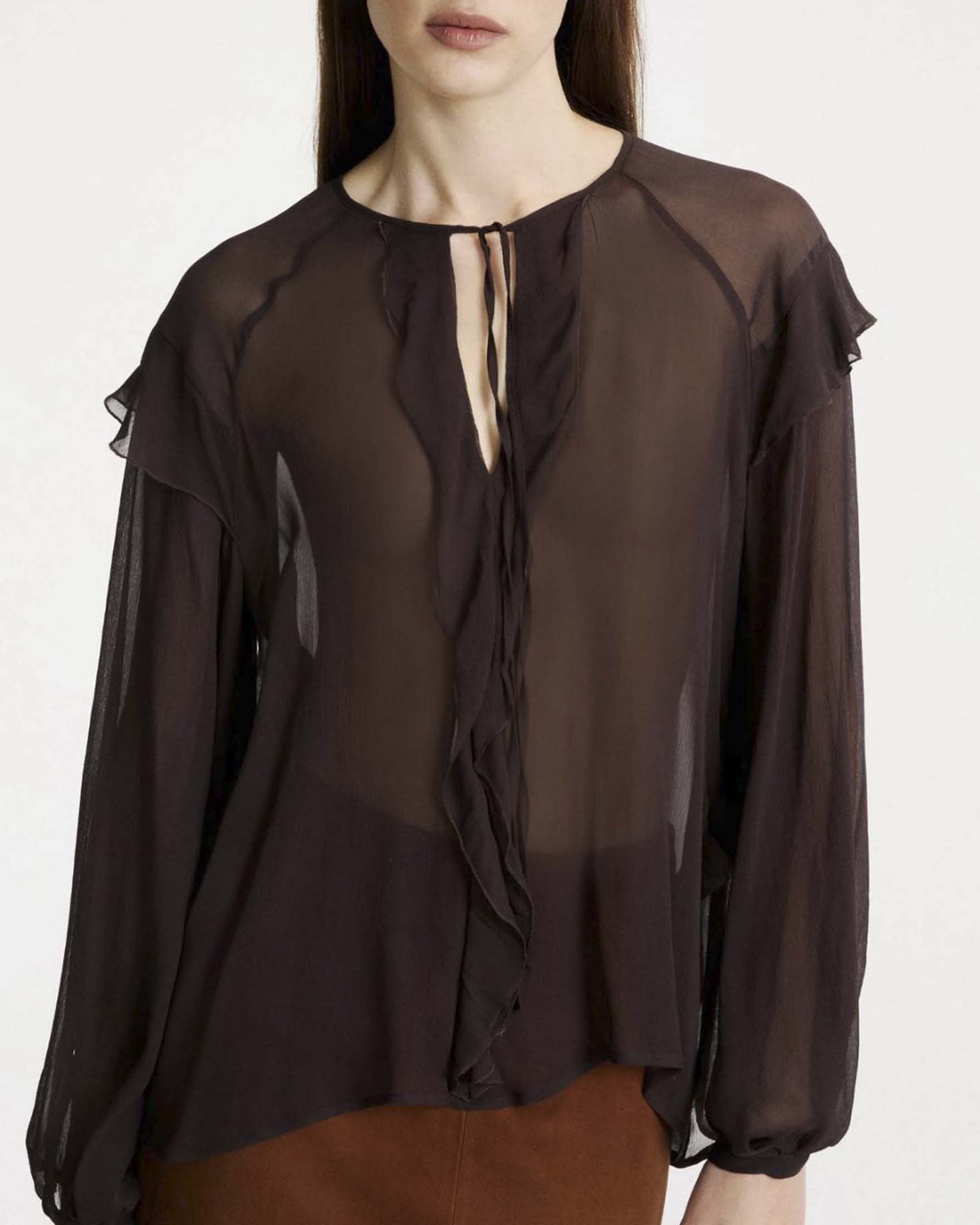 Blusa Marella marrone in creponne di viscosa con volant e maniche ampie raglan