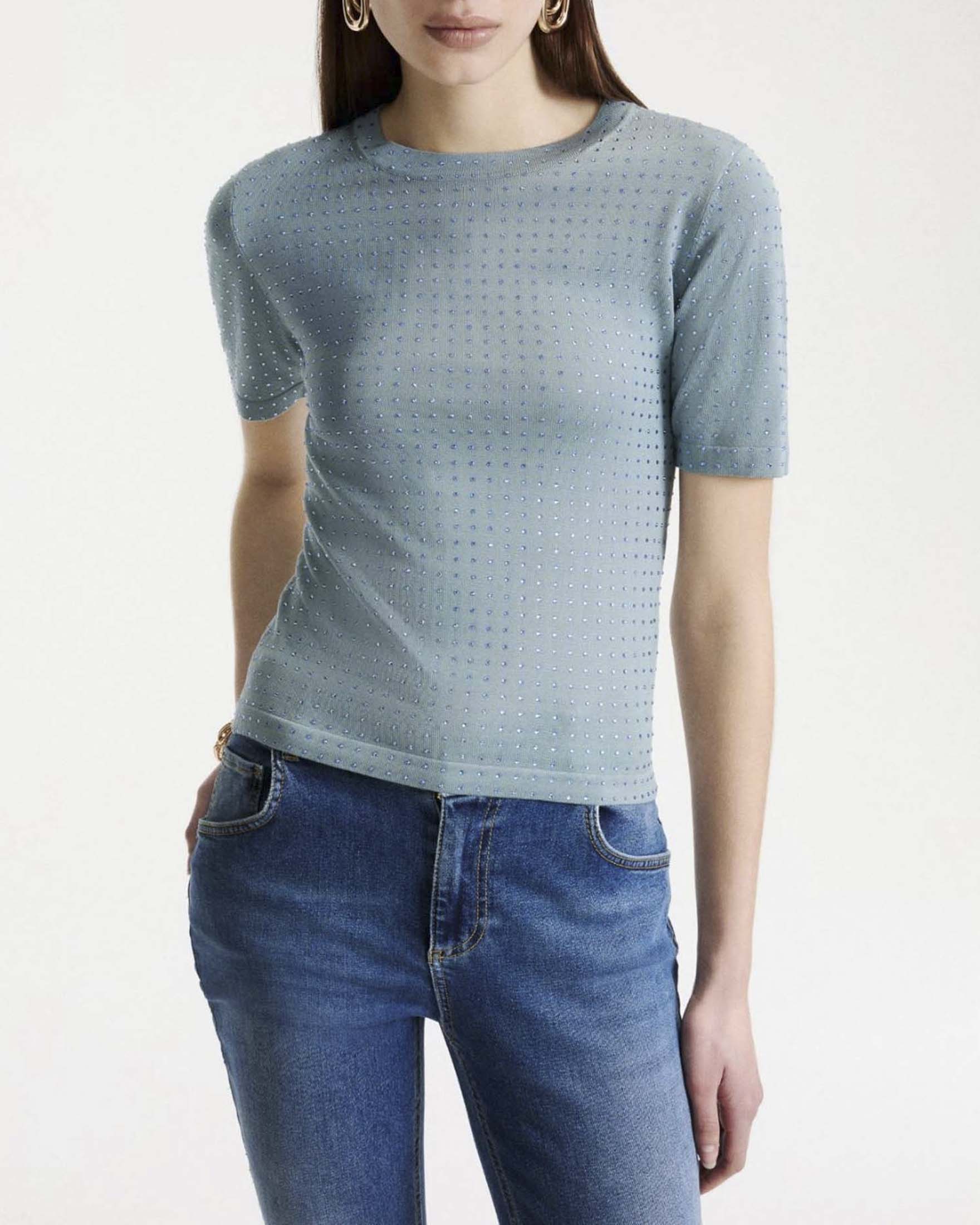 Marella — T-shirt maniche corte Marella azzurra in filato di lana e tencel con cristalli blu applicati all over