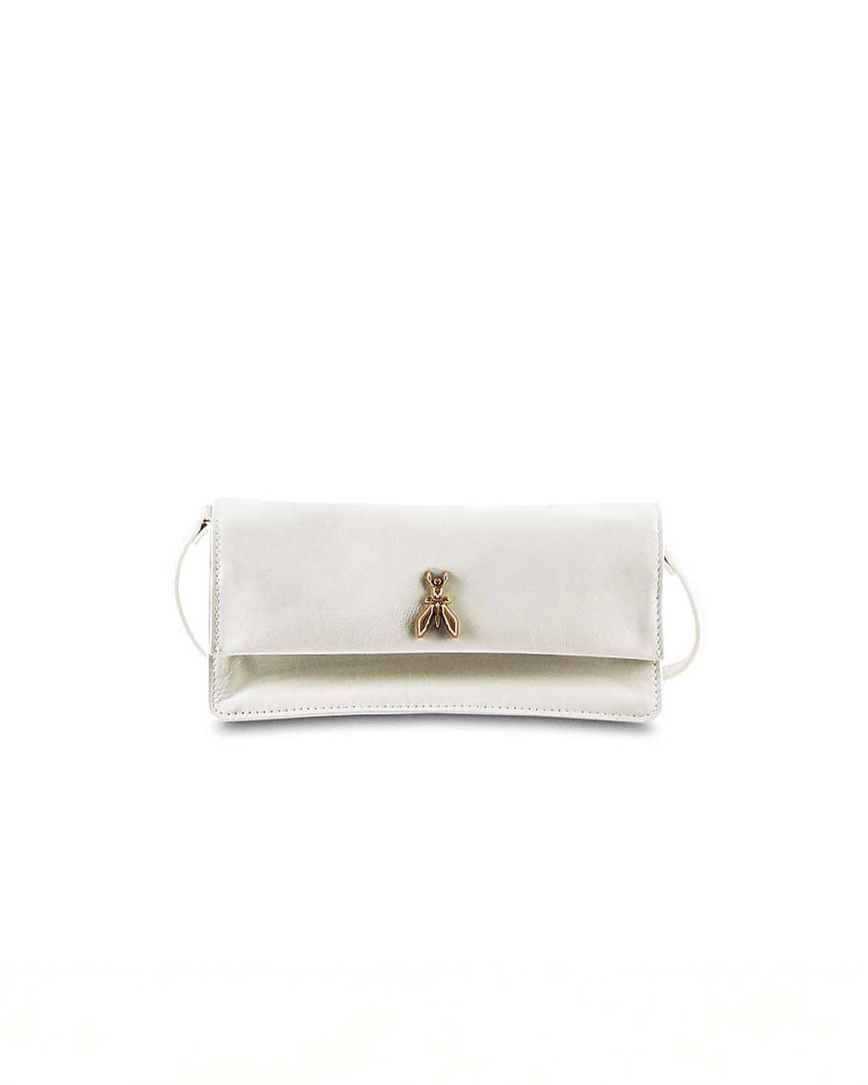 Soft Clutch piccola Patrizia Pepe bianca in pelle con tracolla sottile e logo Fly