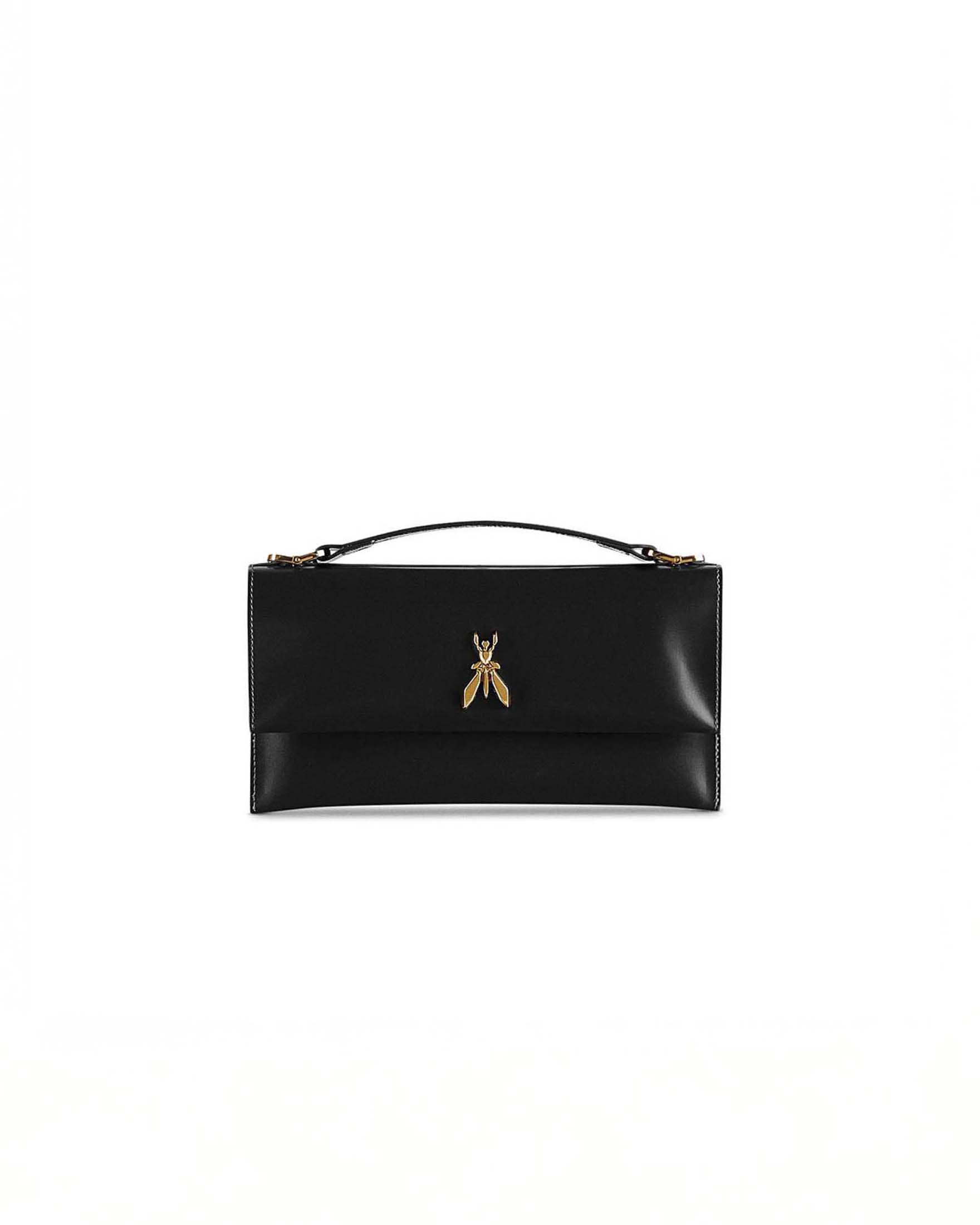 New Clutch Bag Patrizia Pepe in pelle nera liscia con manicotto e logo dorato Fly