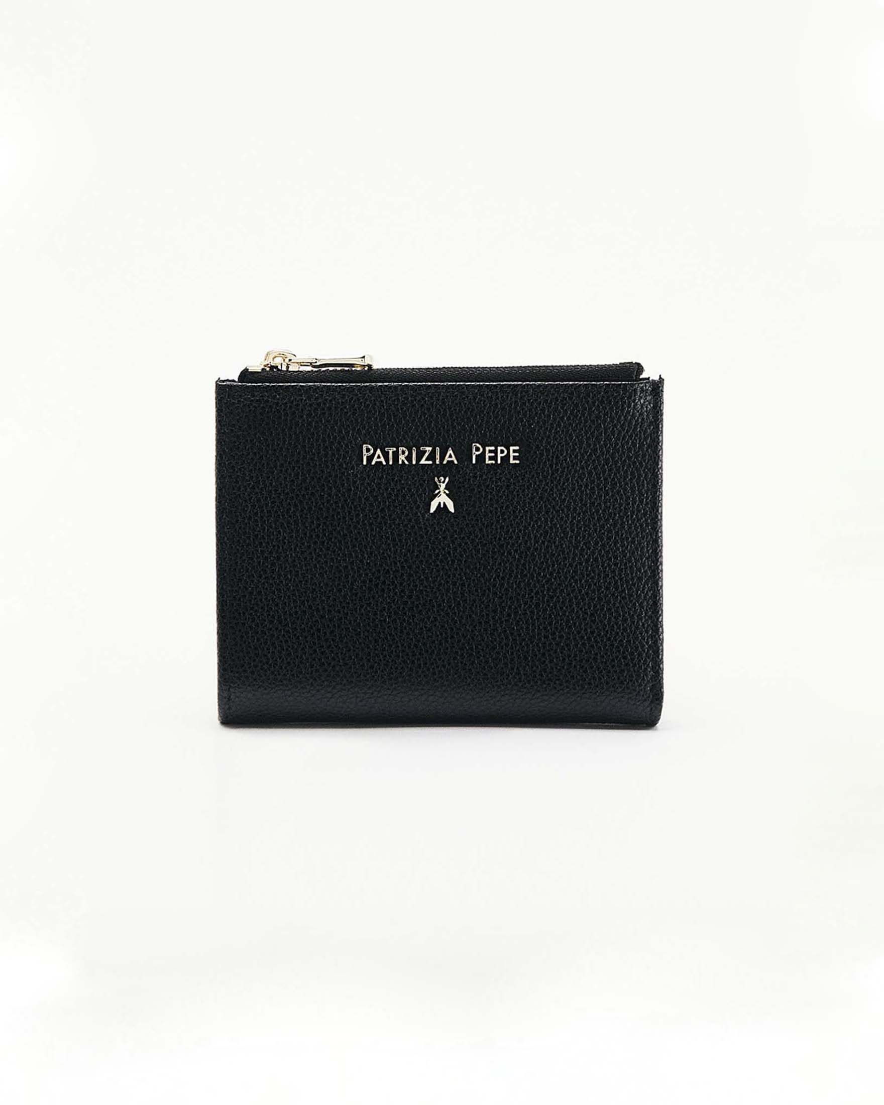 Portafoglio doppia zip Patrizia Pepe nero in pelle martellata con logo lettering