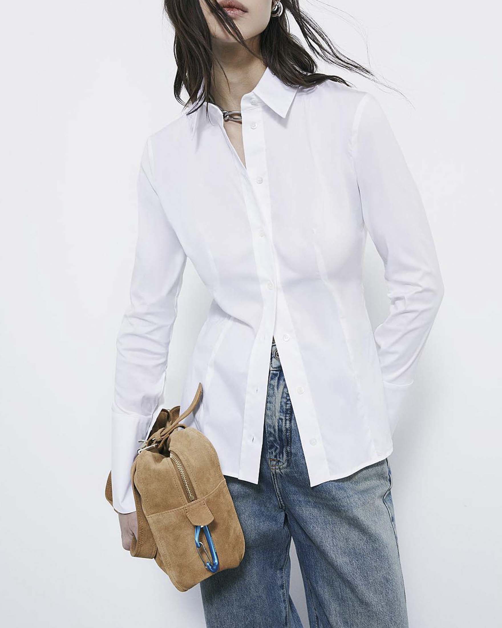 Camicia Patrizia Pepe azzurra in popeline di cotone stretch con dettaglio Fly