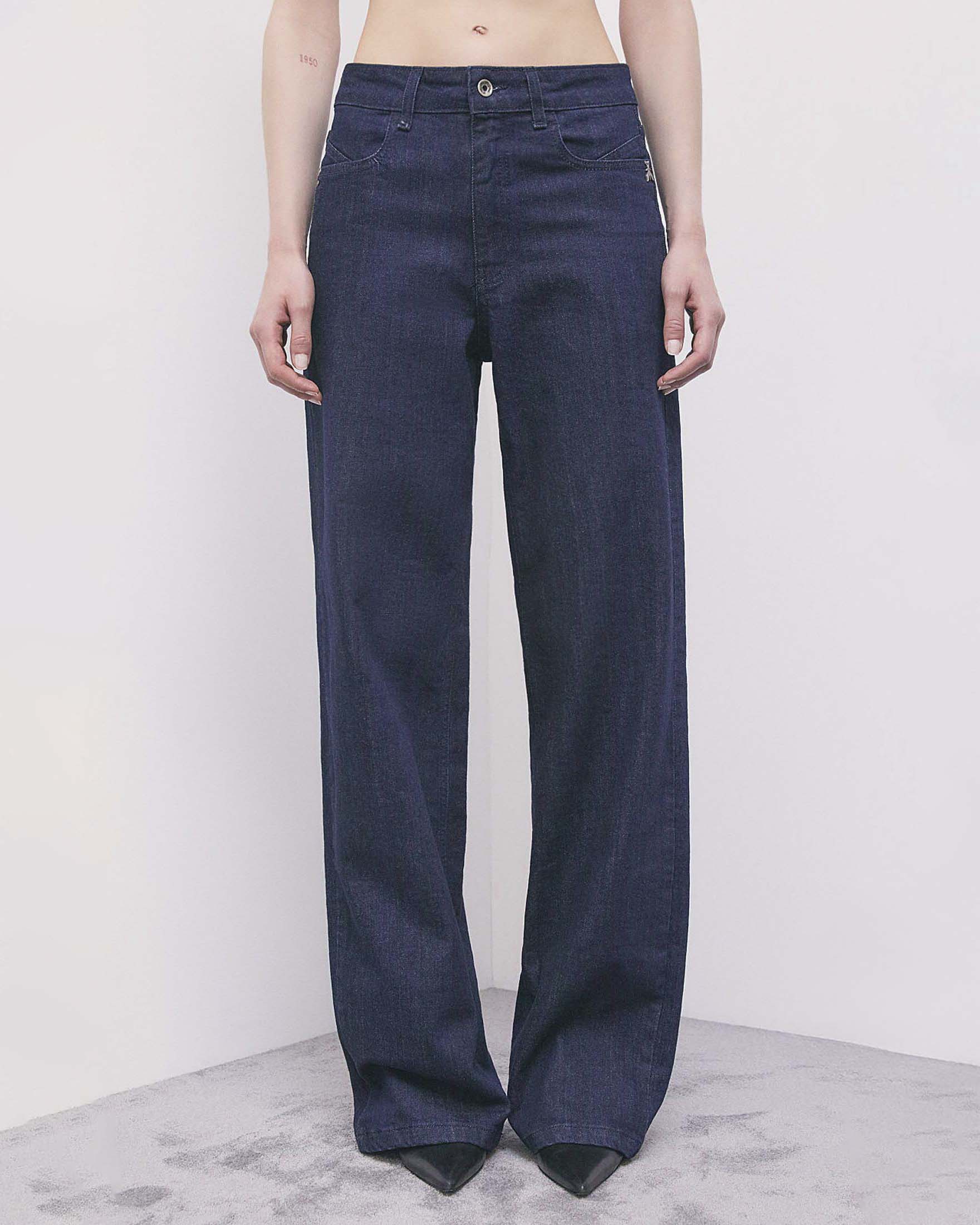Pantalone wide leg Patrizia Pepe blu in denim con salpa in pelle e rivetto Fly image