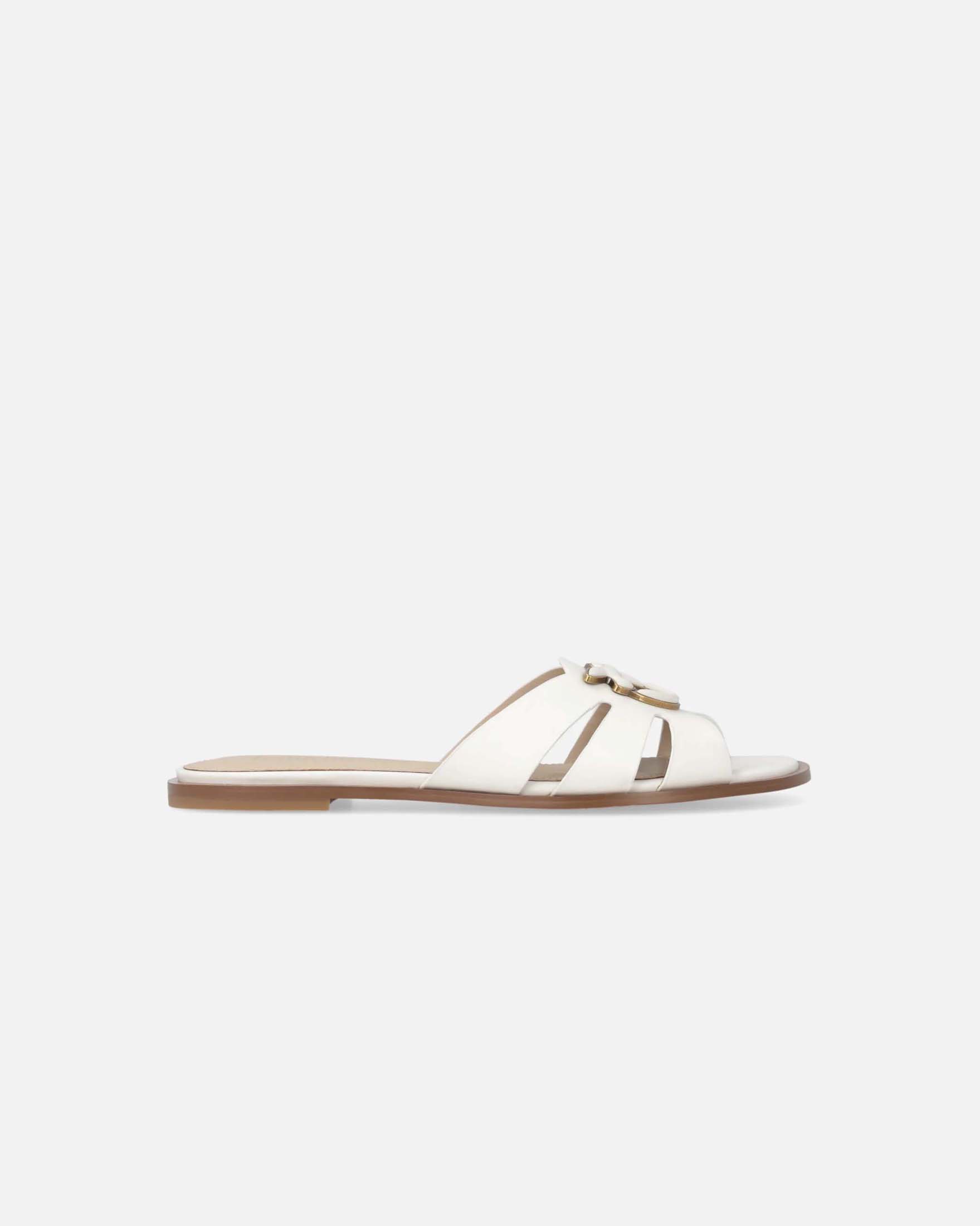 Pinko — Ciabattine flat Milly Pinko in pelle bianca e logo Love Birds con bordo dorato