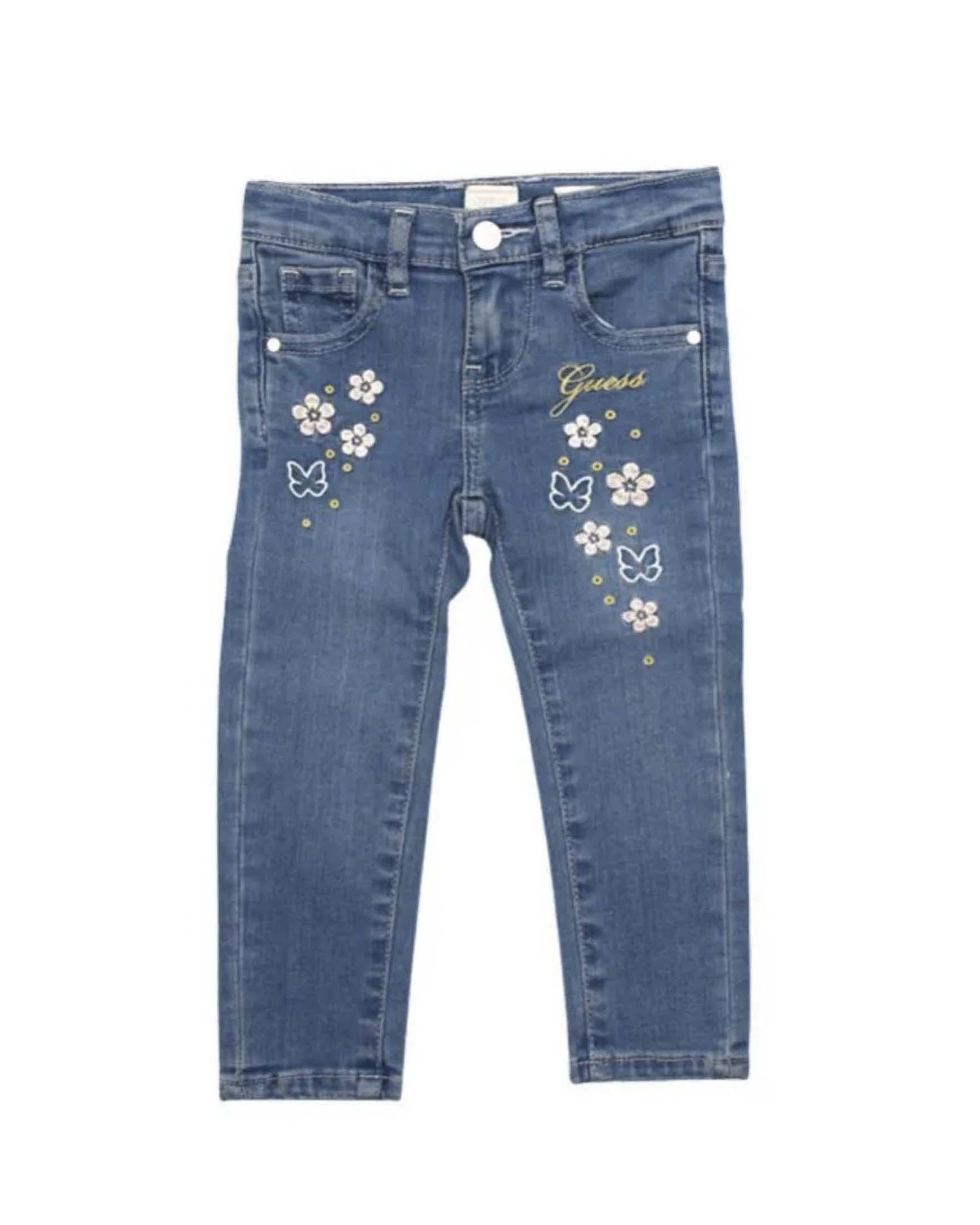 Jeans skinny Guess lavaggio medio in misto cotone con ricami floreali e logo