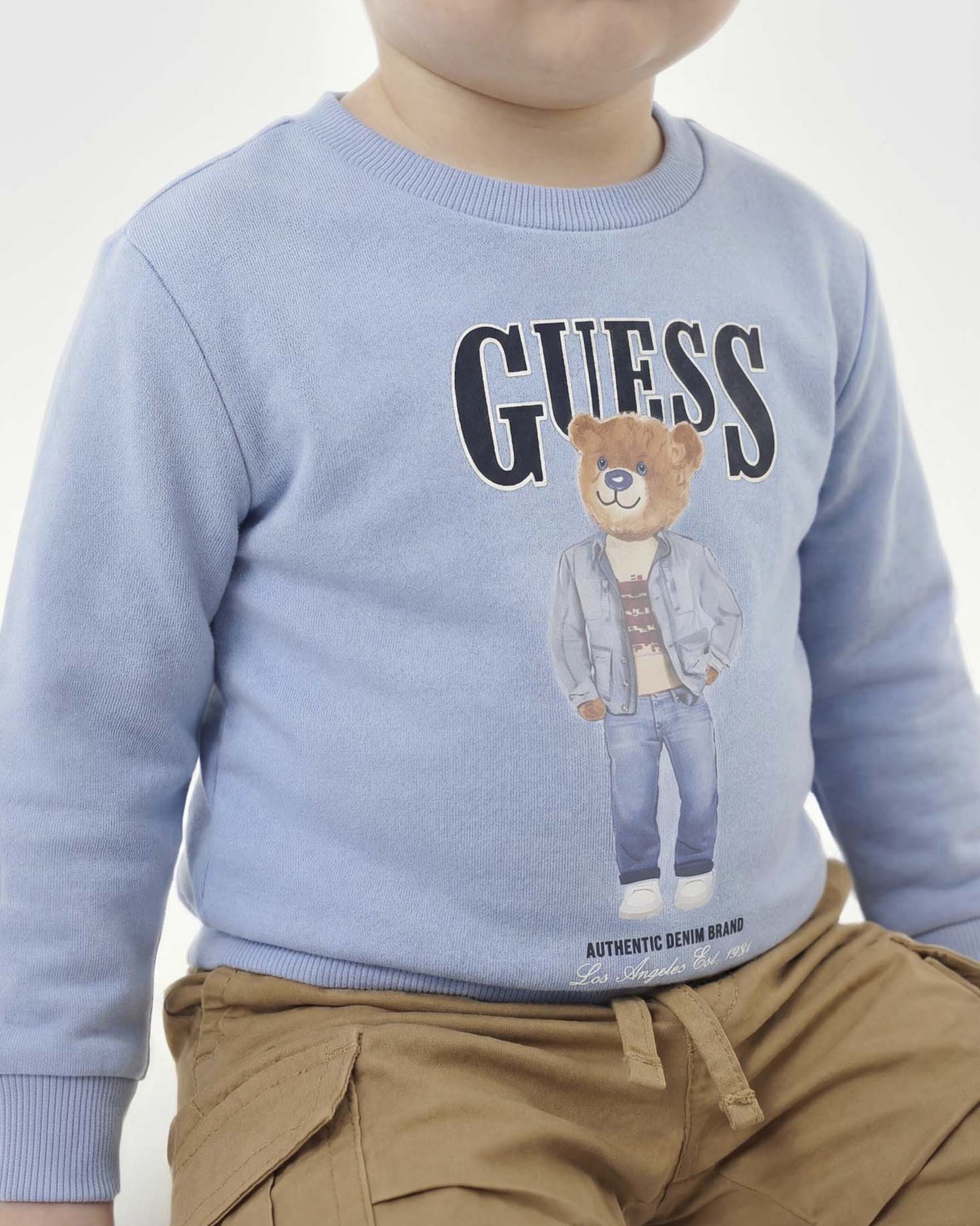 Felpa girocollo Guess Kids azzurra in cotone con stampa orsetto