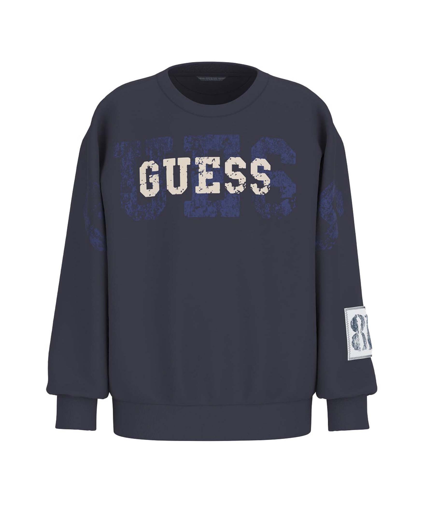 Felpa Guess blu in misto cotone con stampa logo effetto consumato