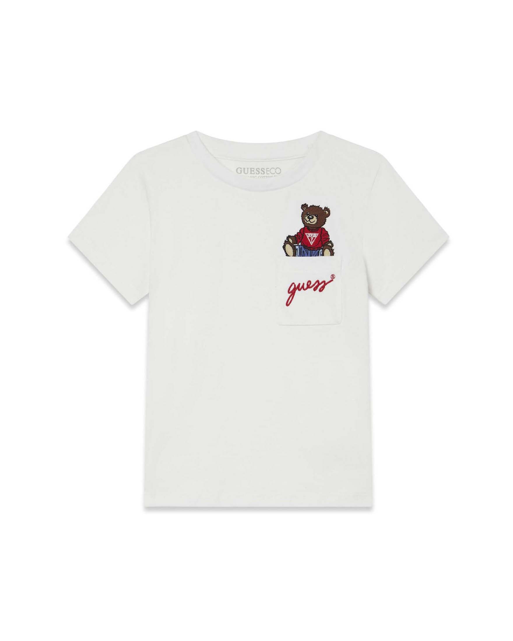 T-shirt Guess bianca in cotone organico con taschino e orsacchiotto ricamato