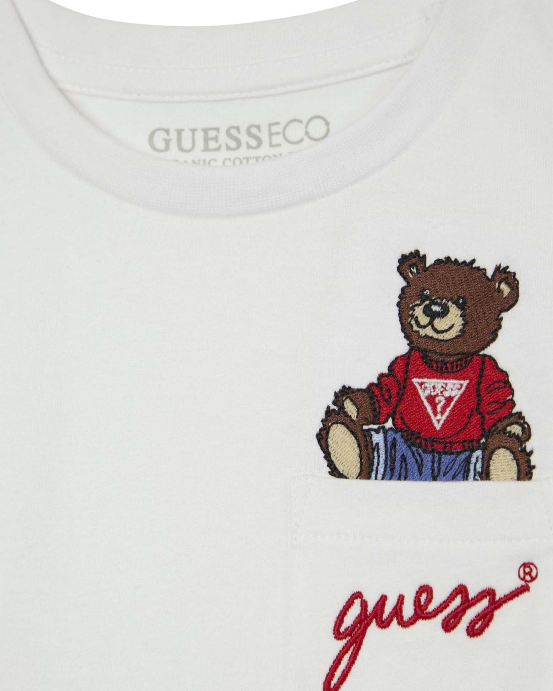 T-shirt Guess bianca in cotone organico con taschino e orsacchiotto ricamato image