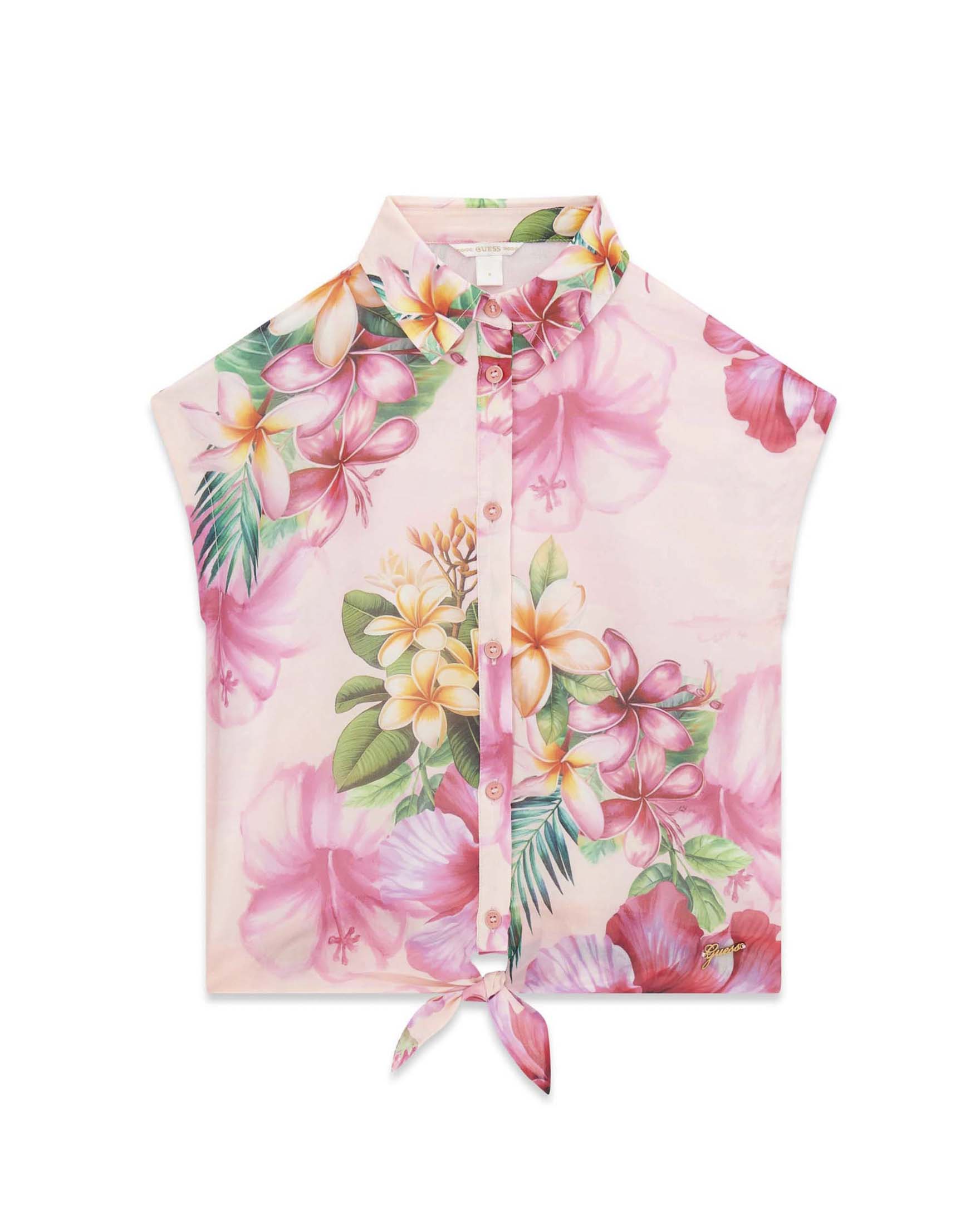 Camicia a maniche corte Guess rosa in chiffon con stampa floreale e nodo