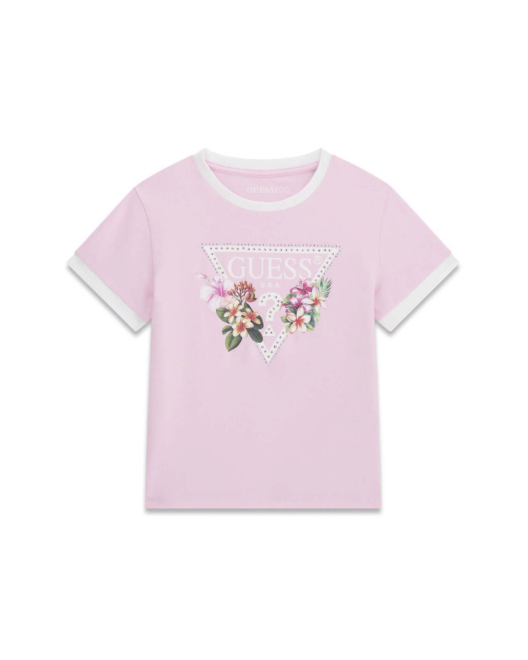T-shirt mezza manica Guess rosa in misto cotone con stampa logo floreale