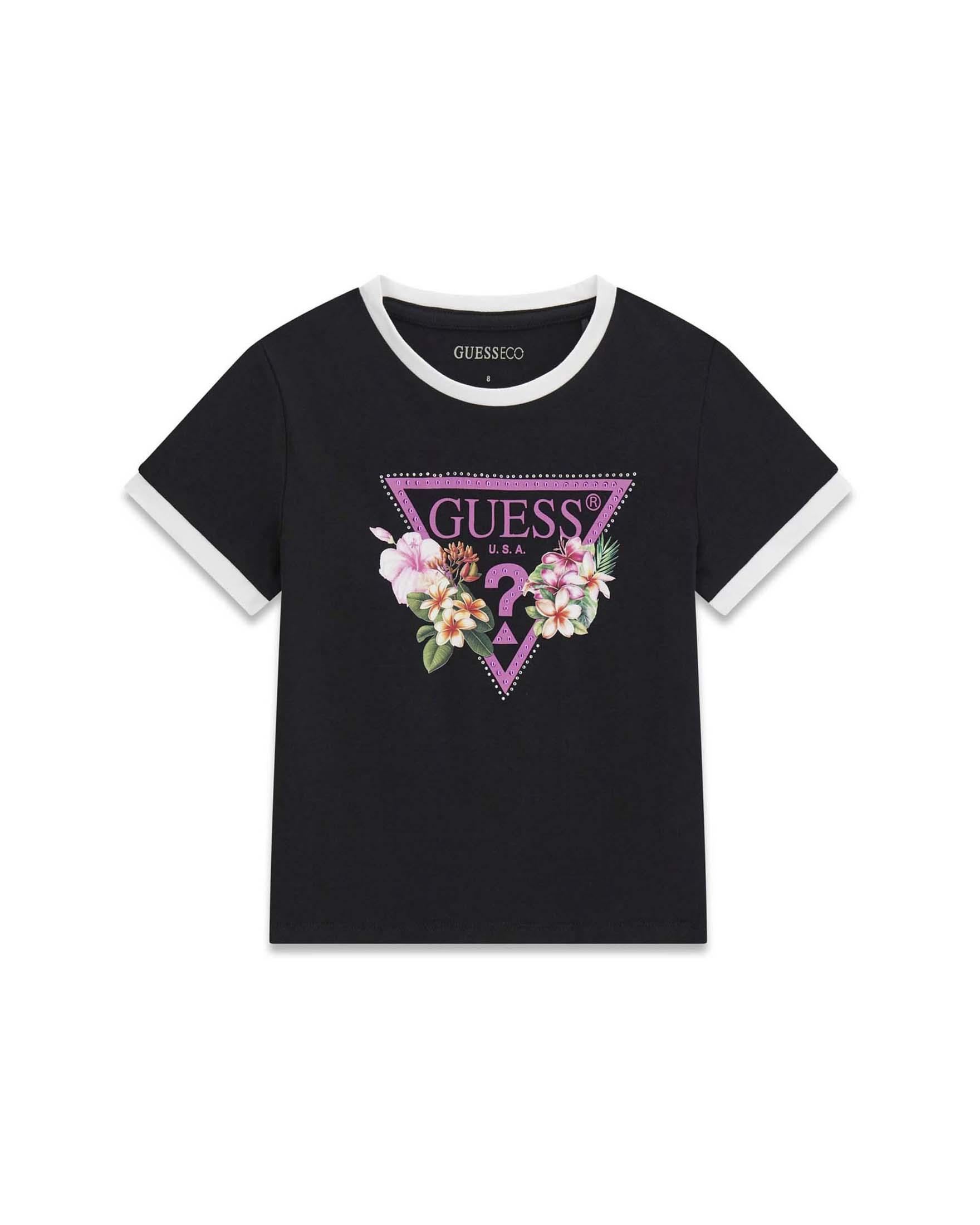 T-shirt mezza manica Guess nera in misto cotone con stampa logo triangolo