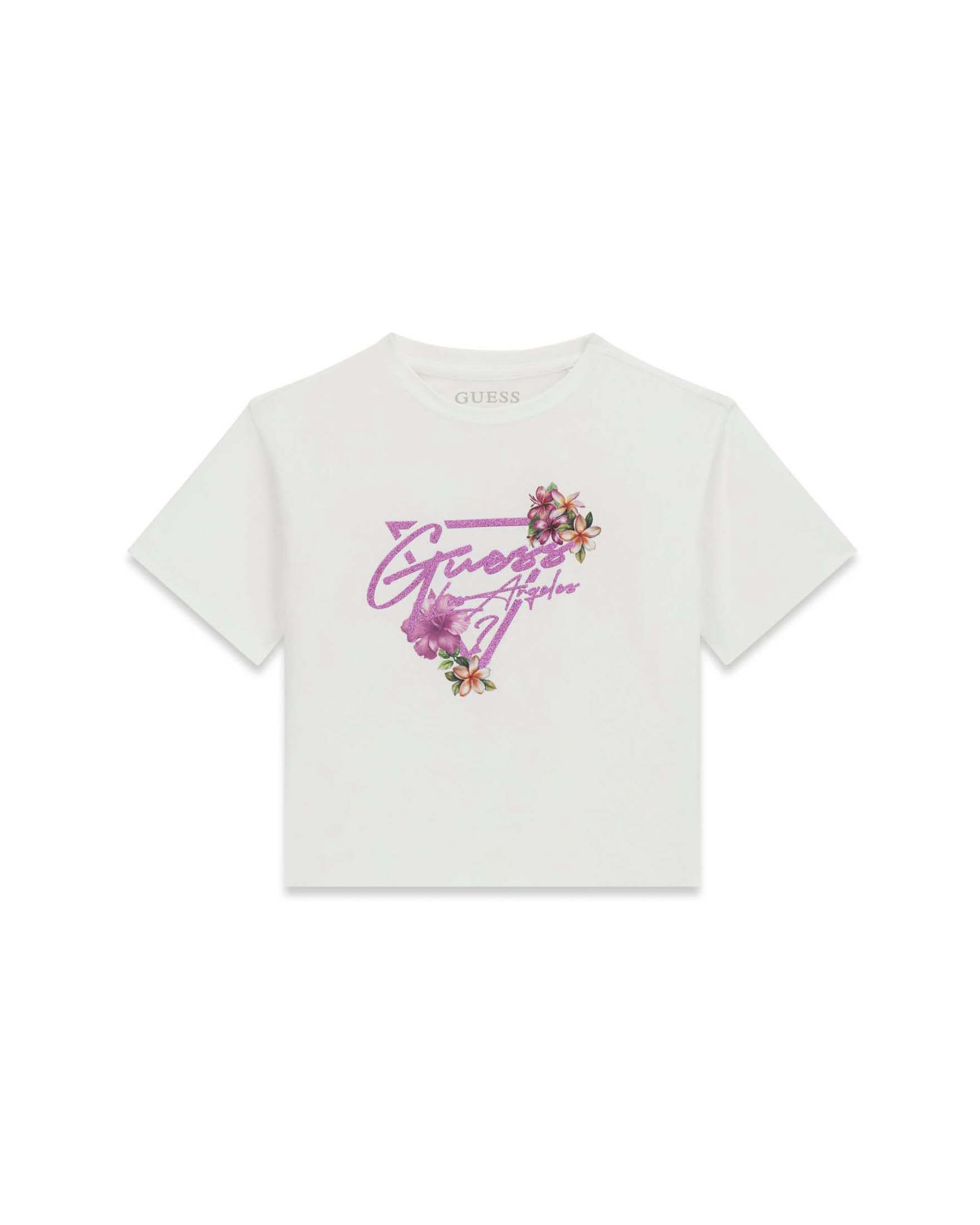 T-shirt mezza manica Guess bianca con stampa logo floreale in misto cotone