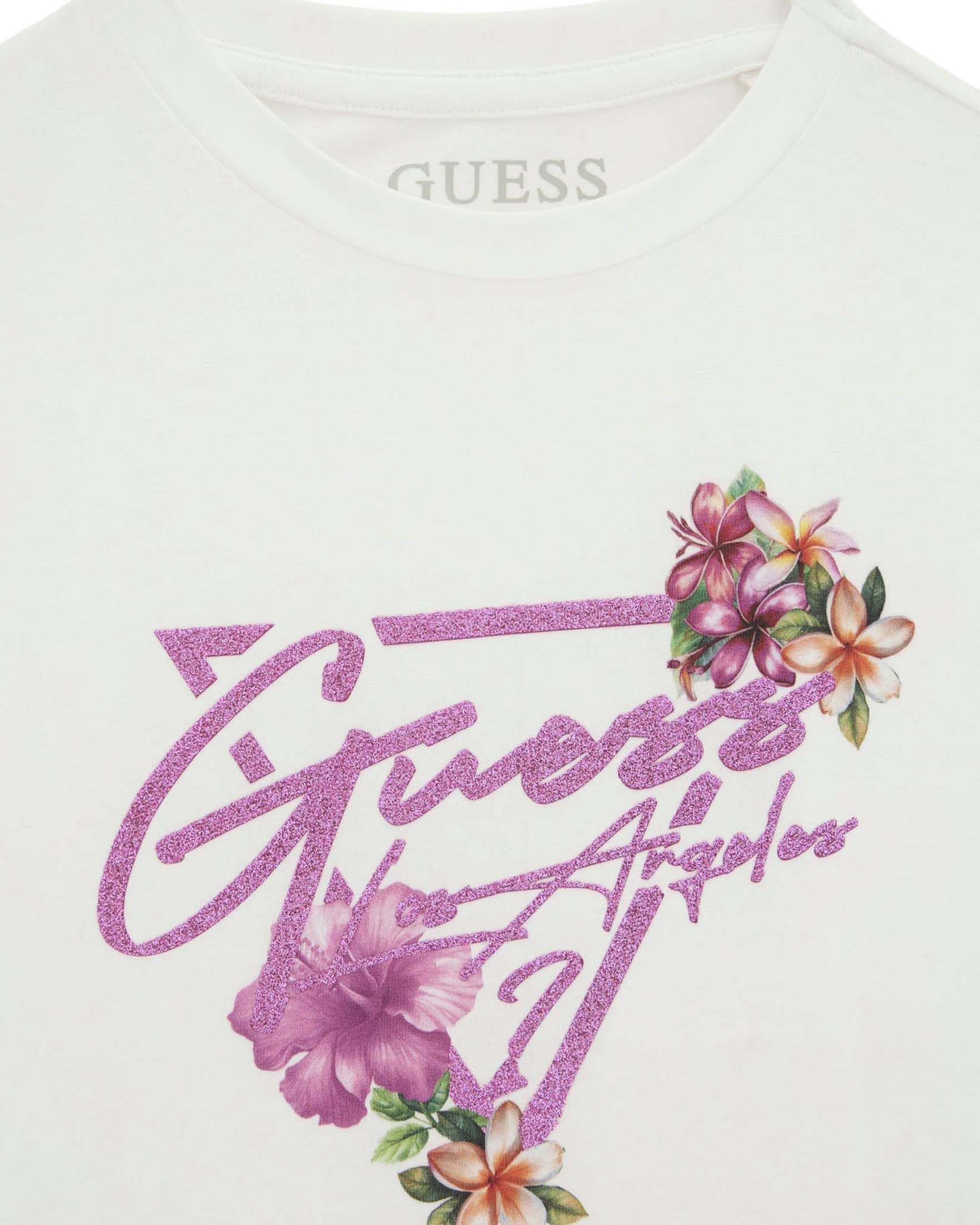 T-shirt mezza manica Guess bianca con stampa logo floreale in misto cotone image