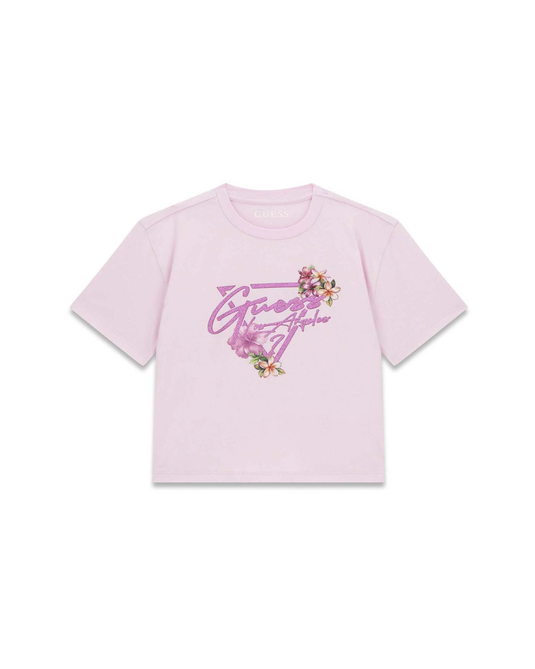 T-shirt mezza manica Guess rosa in misto cotone con stampa logo floreale