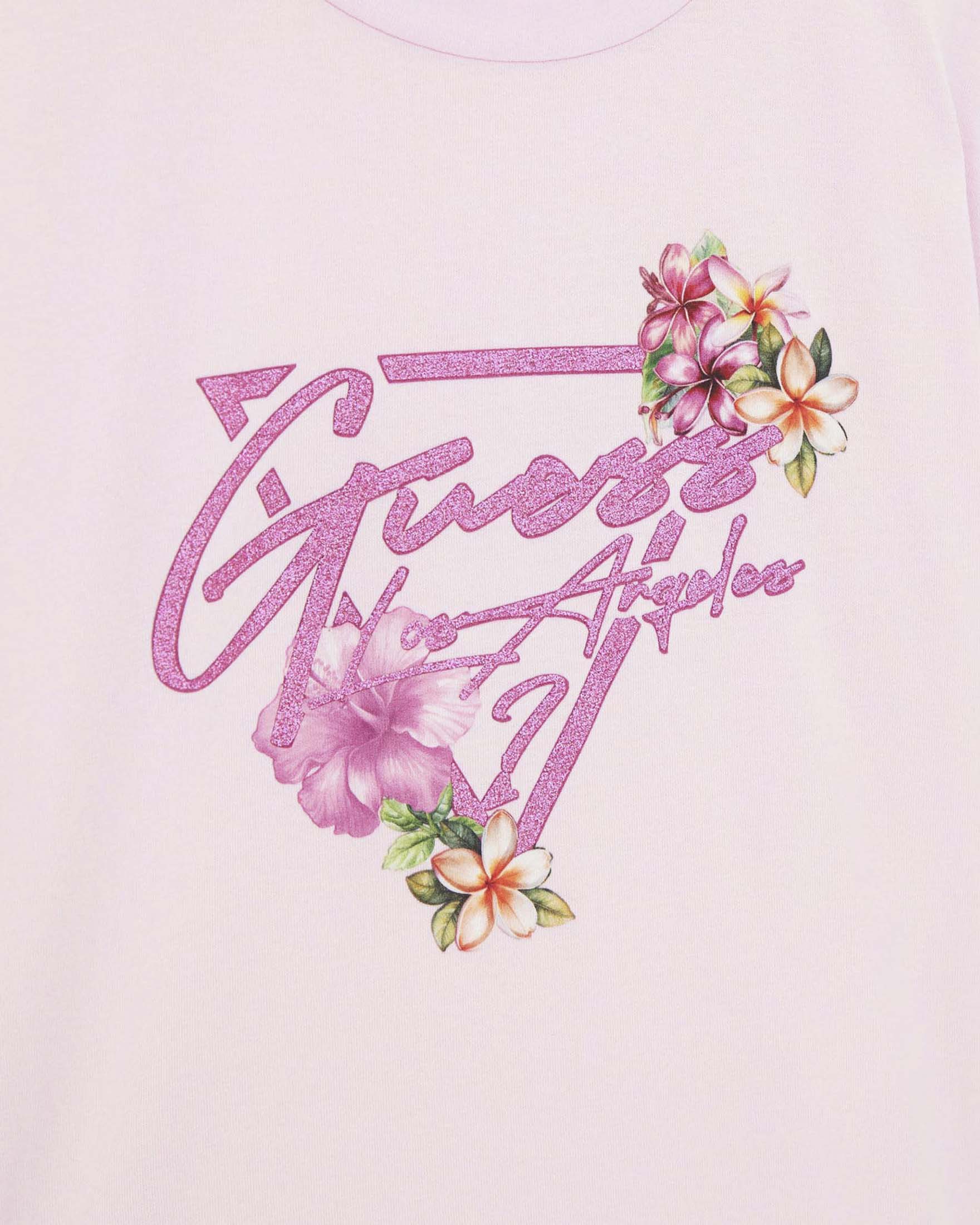 T-shirt mezza manica Guess rosa in misto cotone con stampa logo floreale image