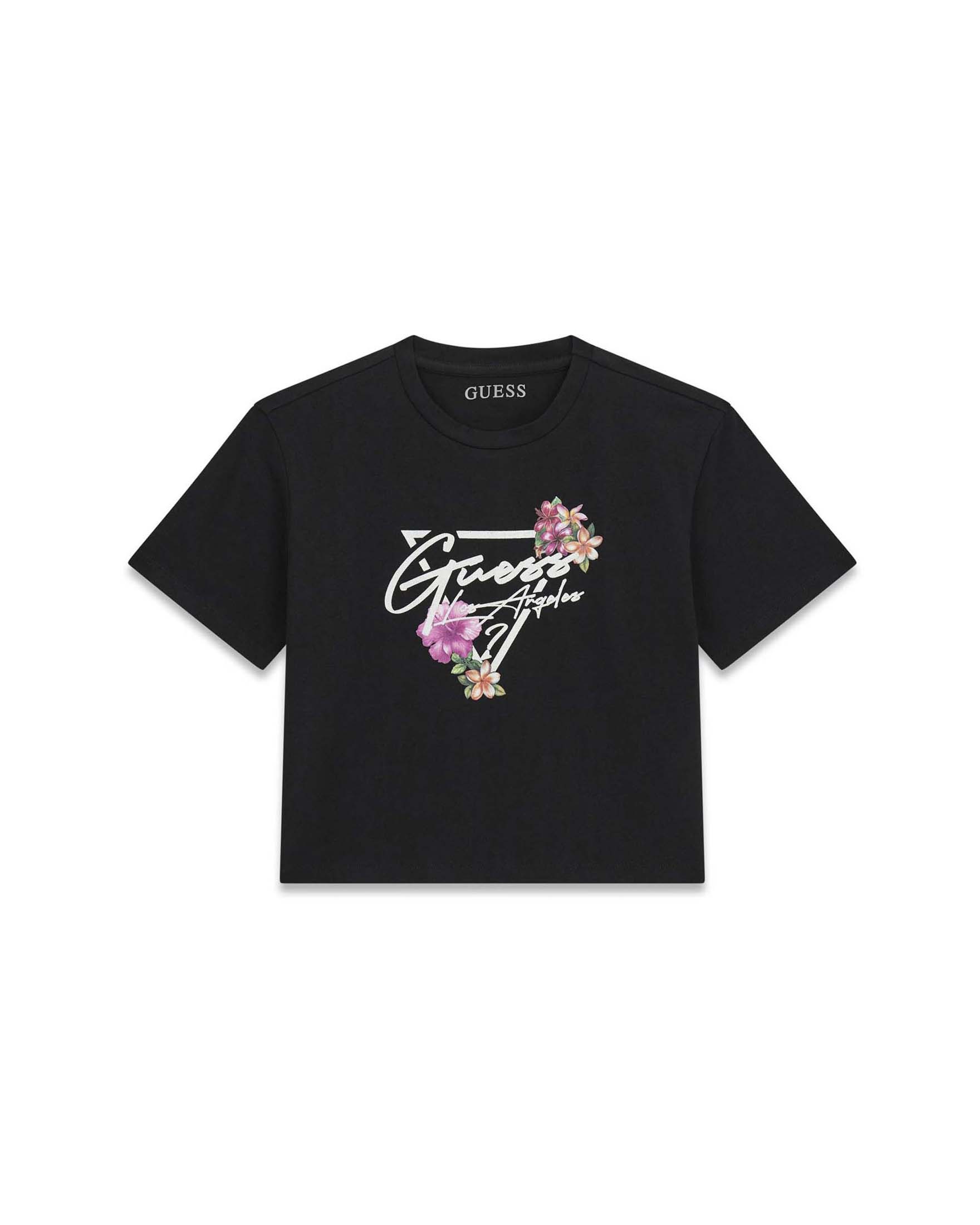 T-shirt mezza manica Guess nera in misto cotone con stampa logo floreale