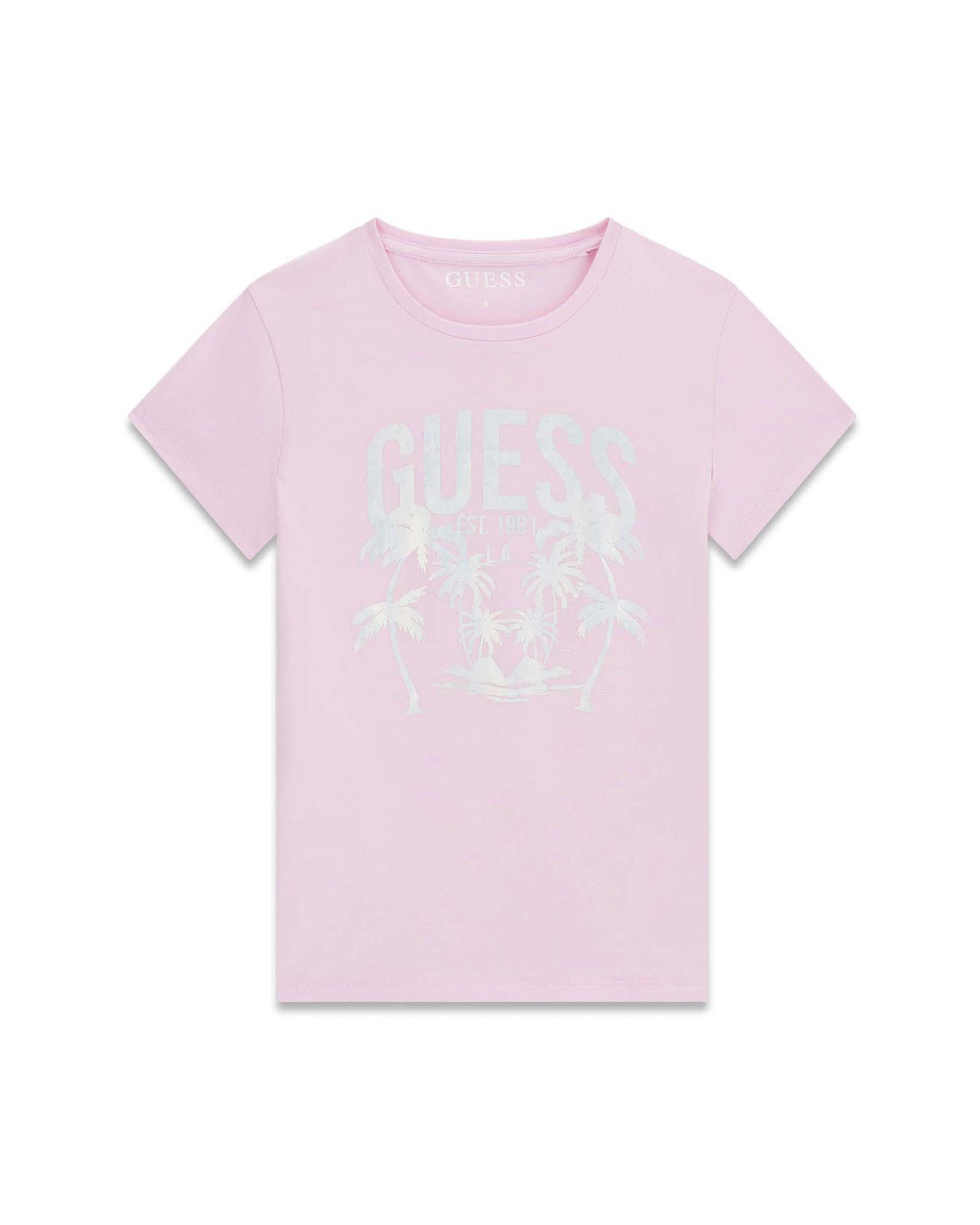 T-shirt mezza manica Guess rosa in misto cotone con stampa logo laminata