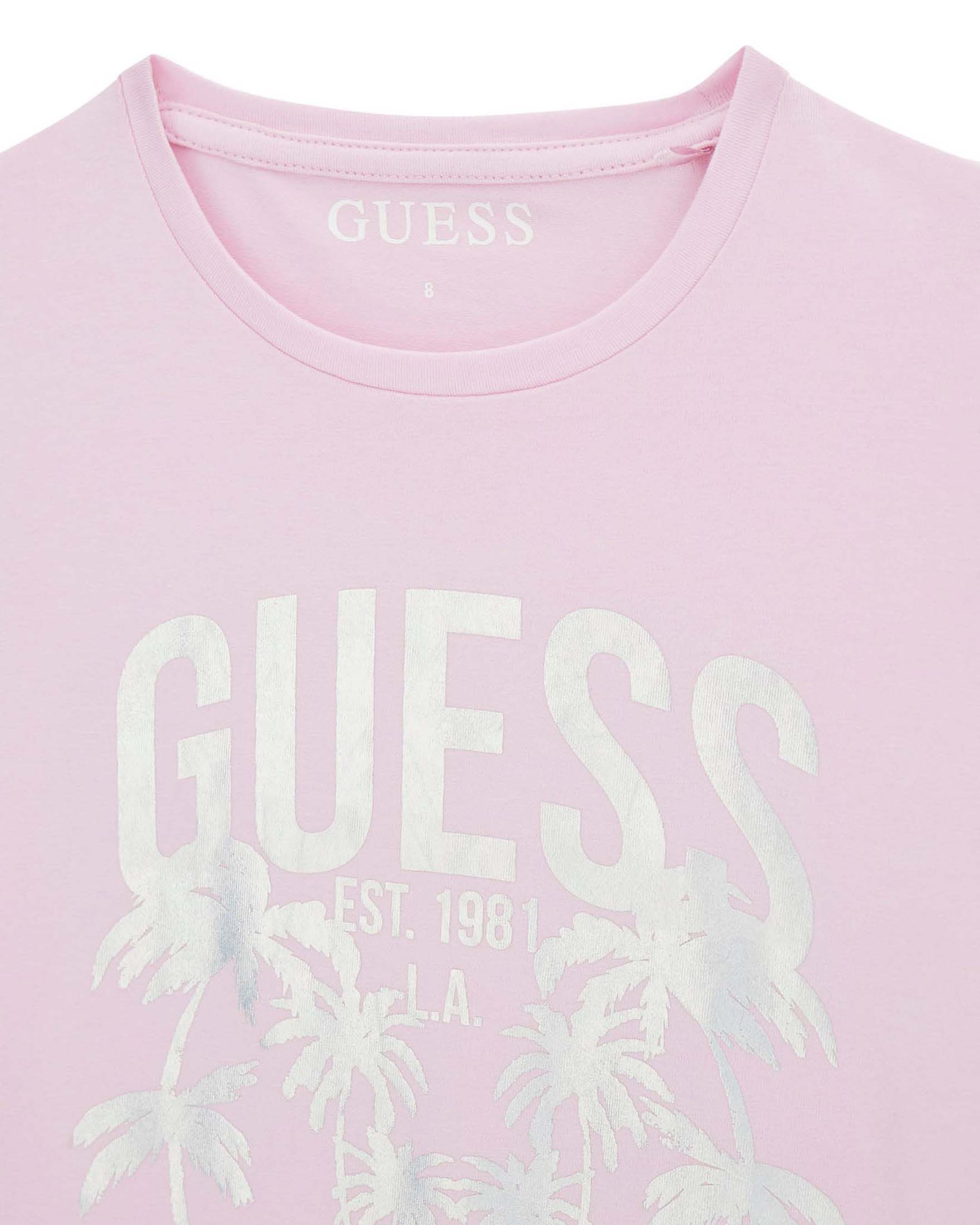 T-shirt mezza manica Guess rosa in misto cotone con stampa logo laminata image