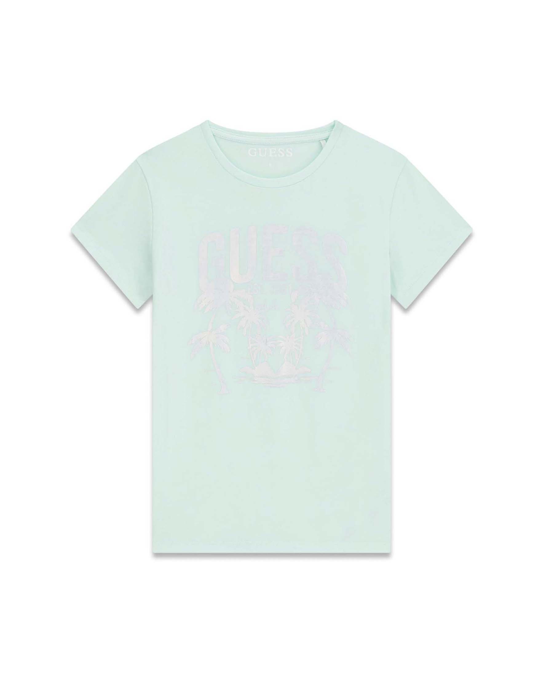 T-shirt Guess verde acqua in misto cotone con stampa logo laminata