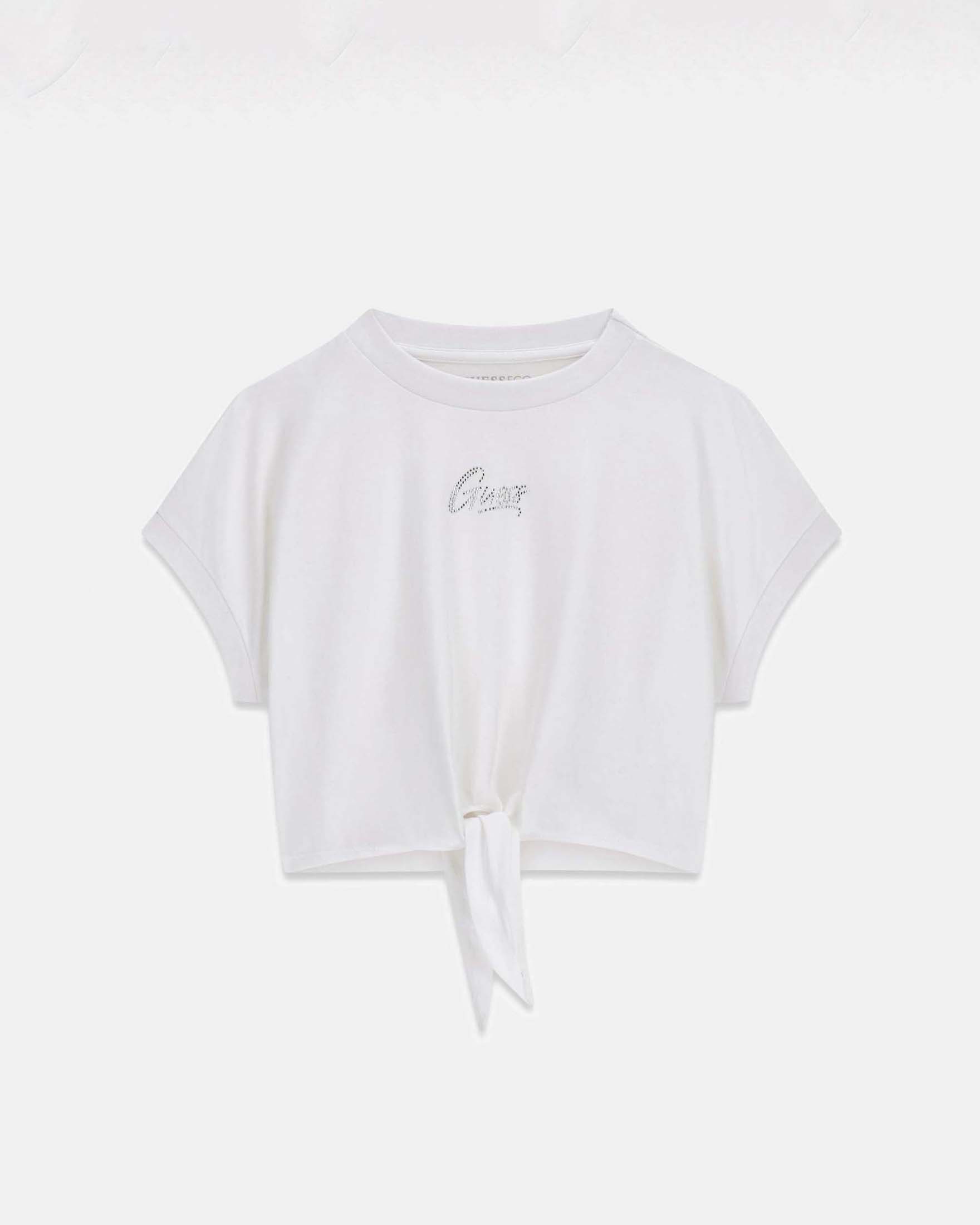 T-shirt crop Guess bianca in misto cotone con nodo e logo in strass