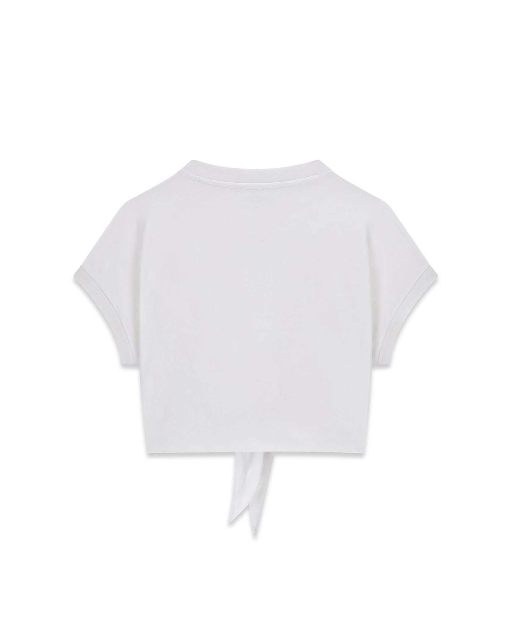 T-shirt crop Guess bianca in misto cotone con nodo e logo in strass image