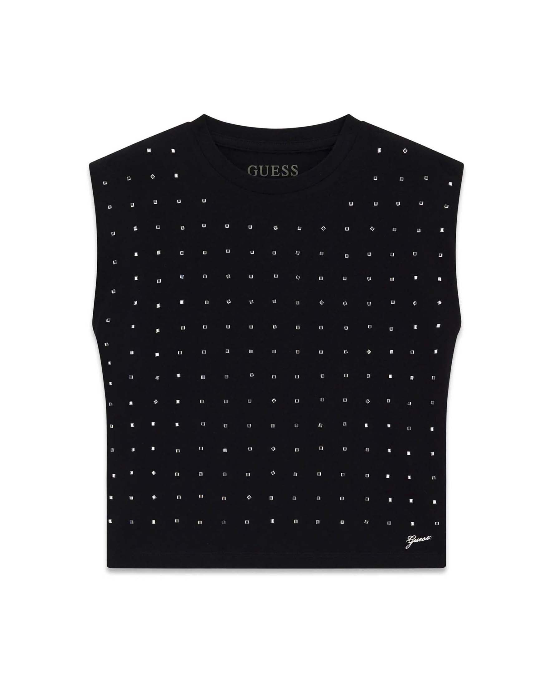 T-shirt mezza manica Guess nera in cotone con strass e logo ricamato