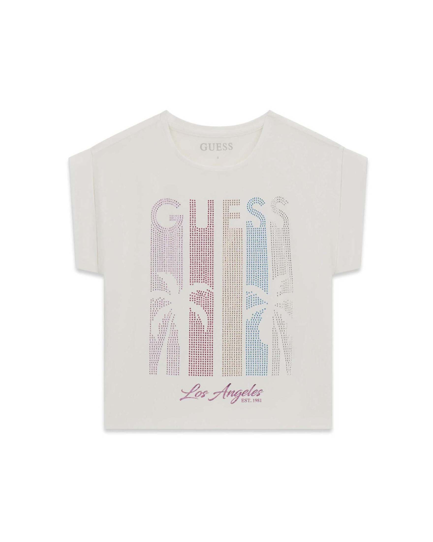 T-shirt mezza manica Guess nera in cotone con strass e logo ricamato