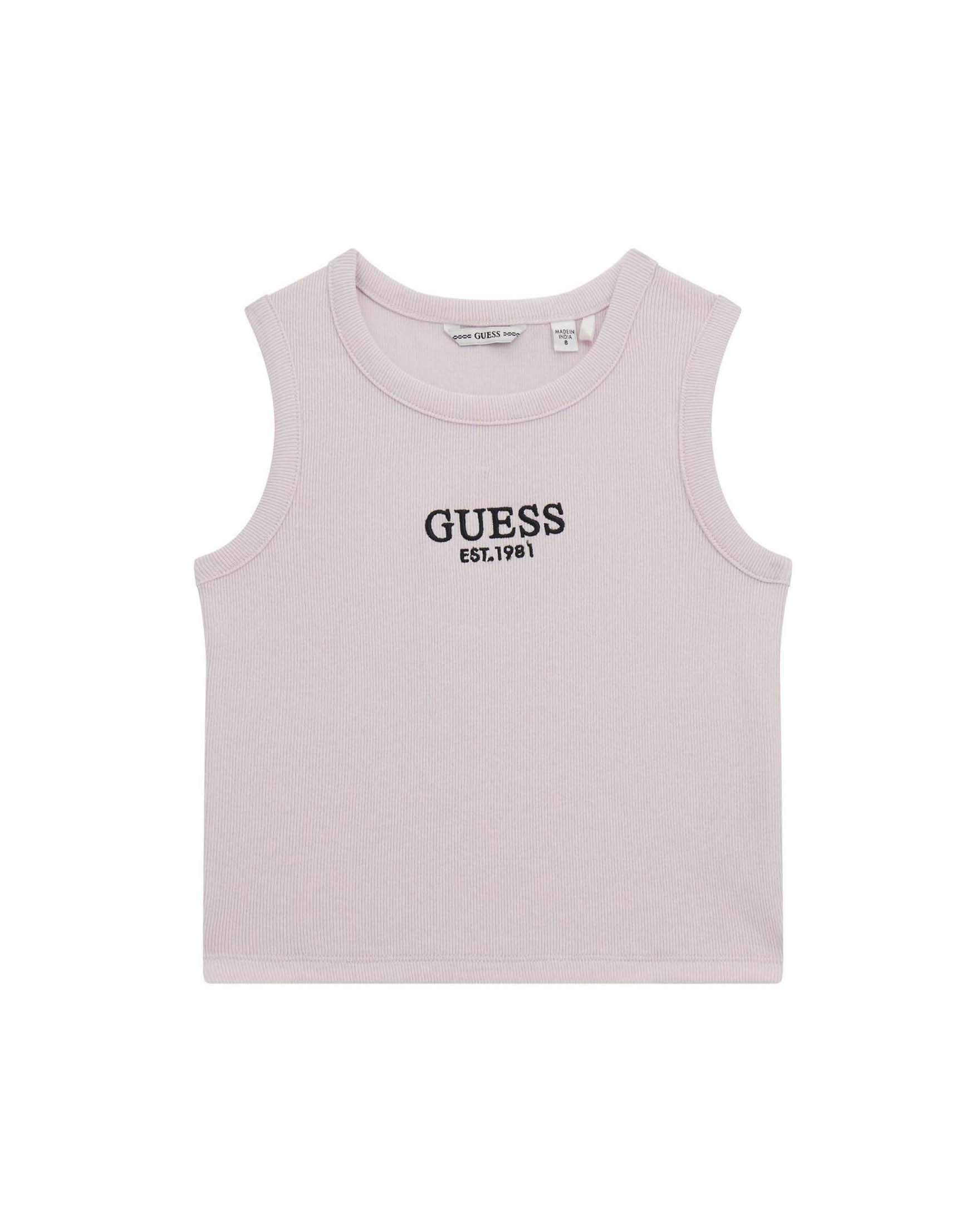 T-shirt smanicata Guess bianca in misto cotone a costine con logo ricamato