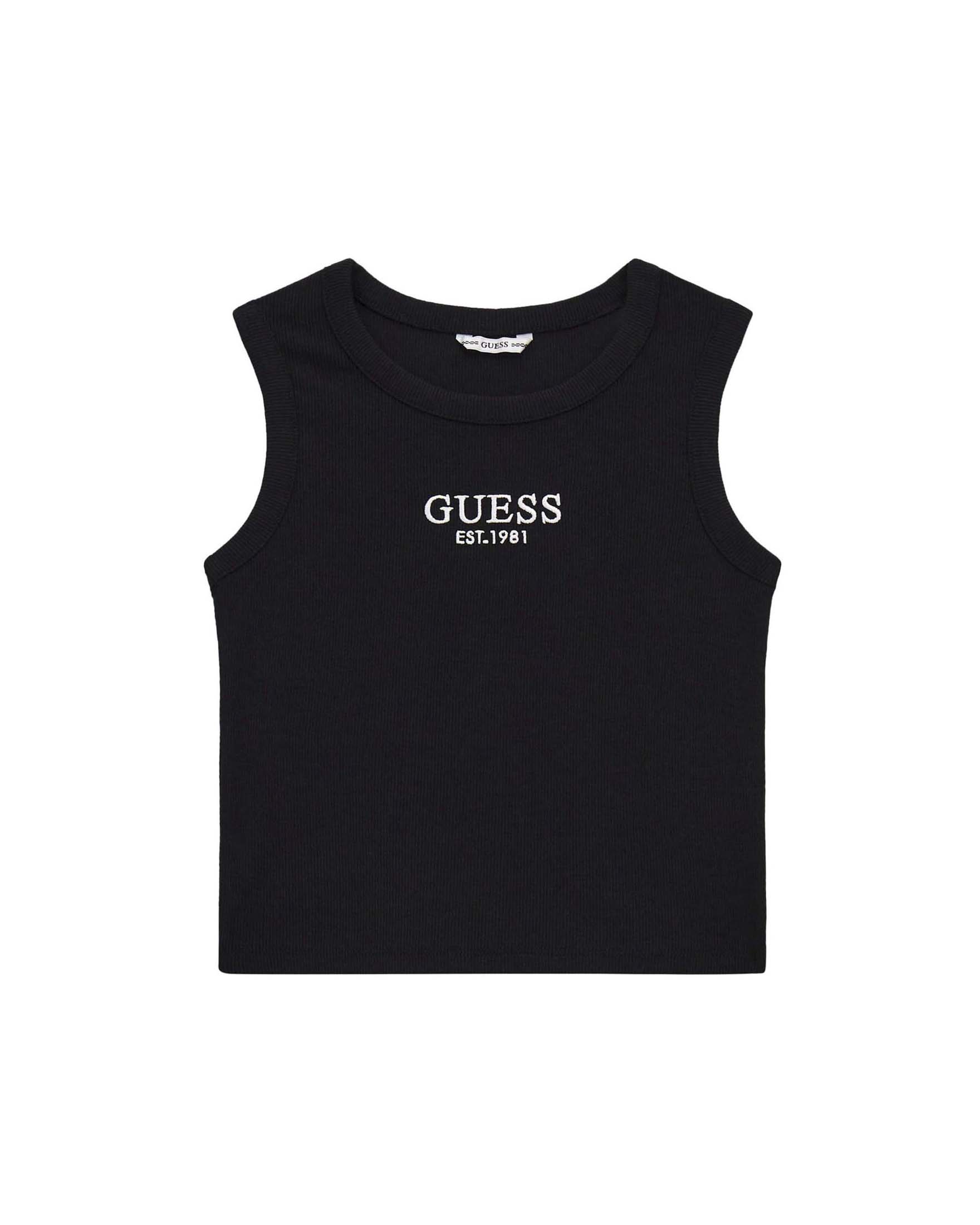 T-shirt Guess rosa in misto cotone a costine con logo ricamato