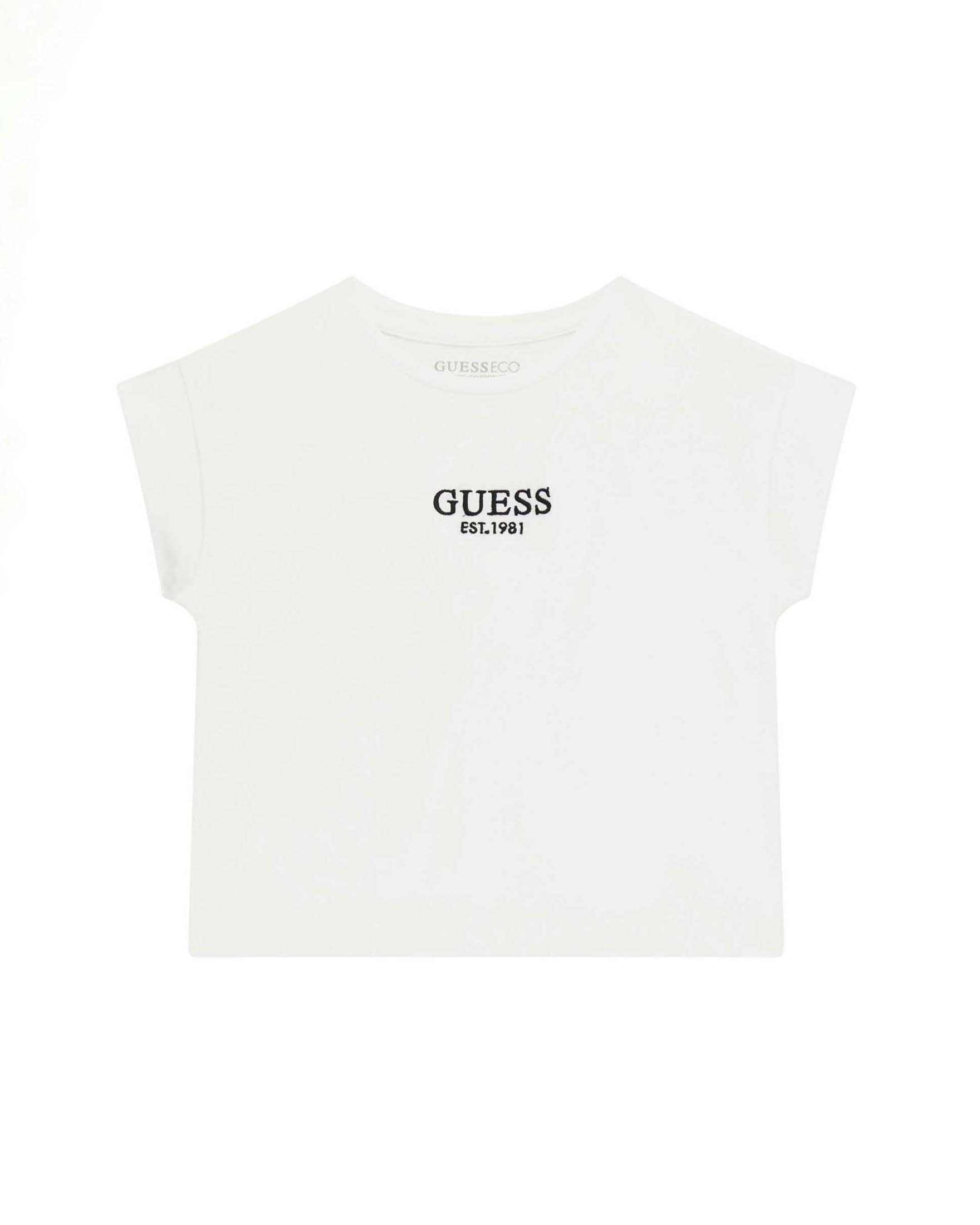 T-shirt smanicata Guess nera in misto cotone a costine con logo ricamato