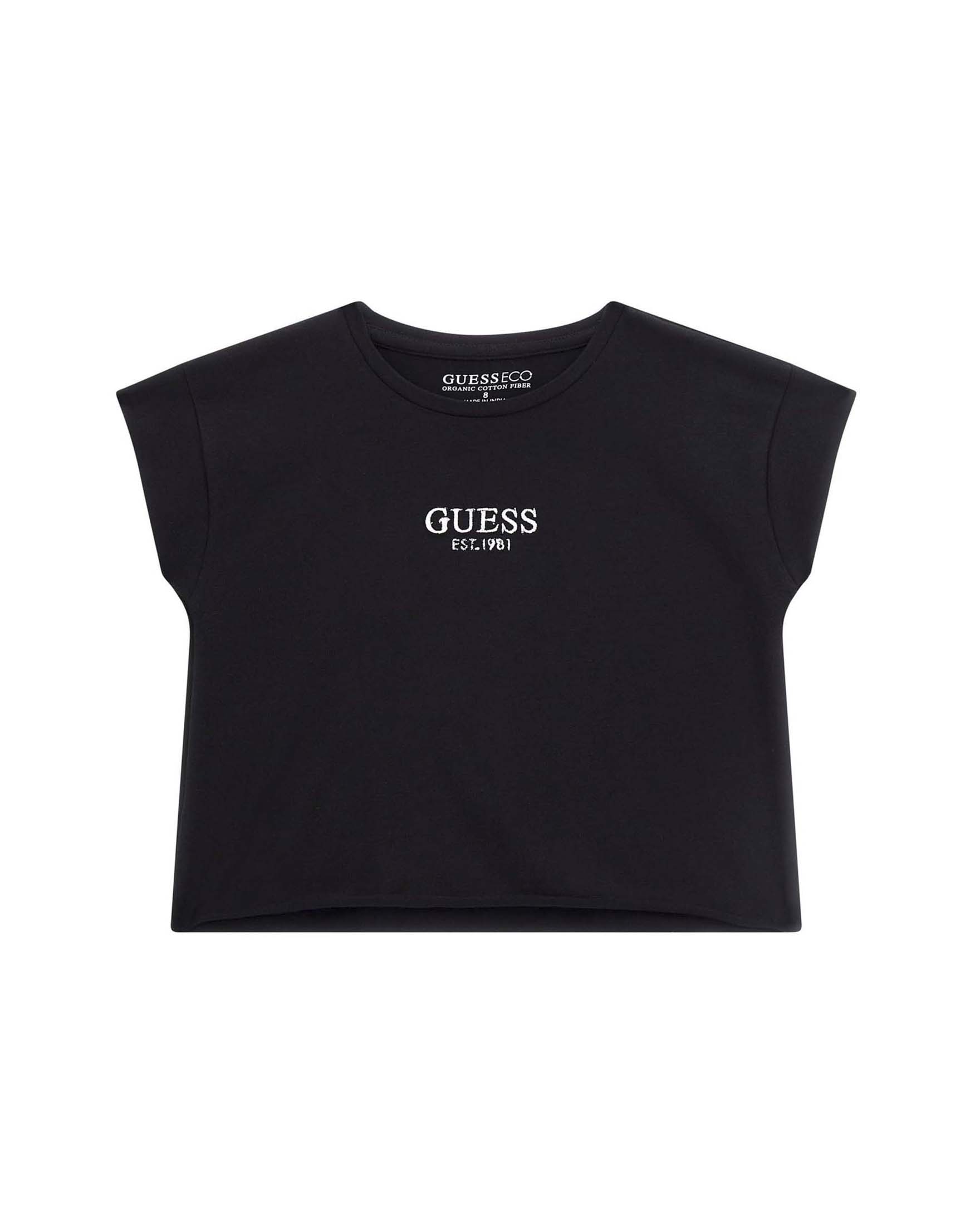 T-shirt crop Guess rosa in misto cotone con logo ricamato