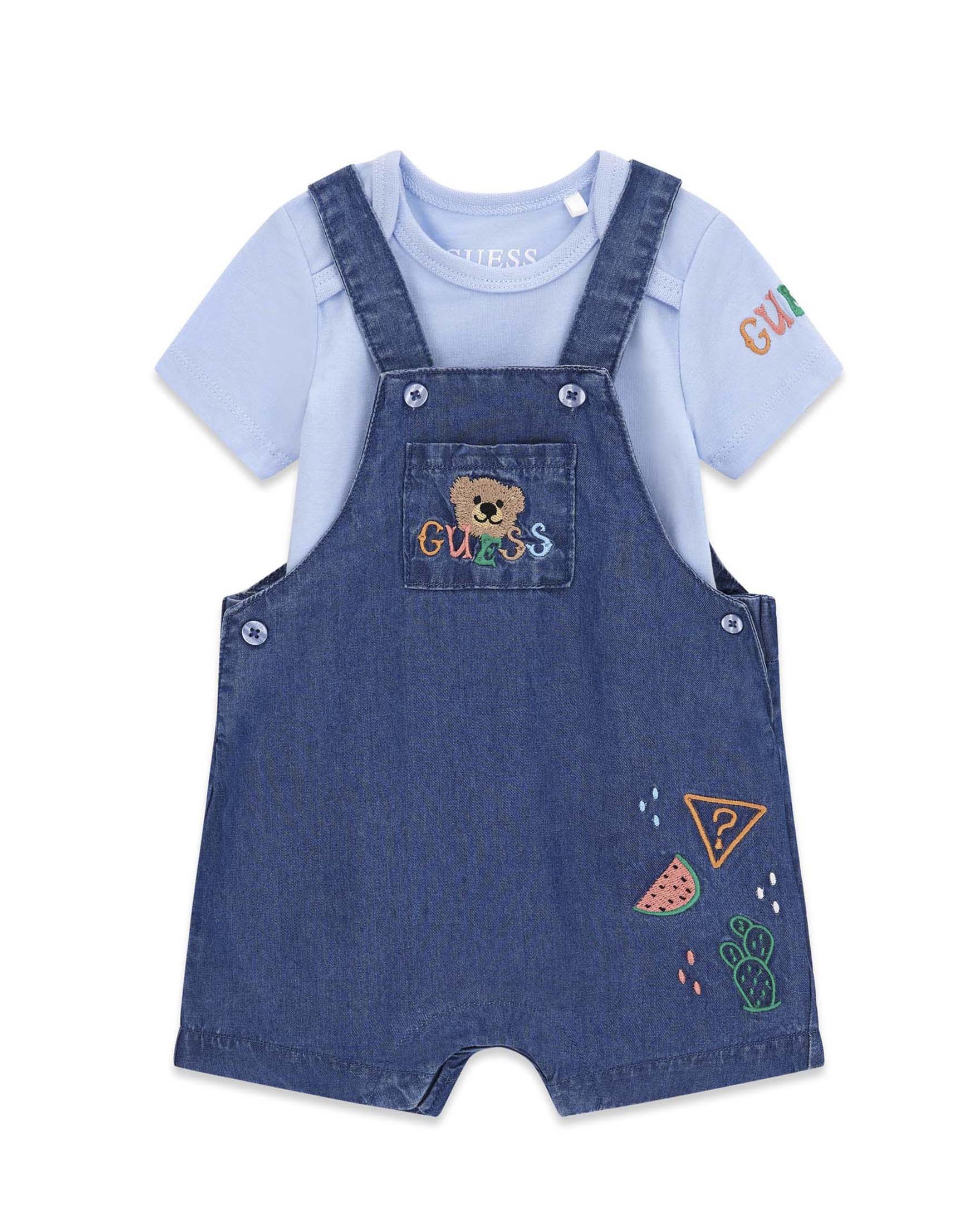 Salopette con T-shirt Guess lavaggio scuro e azzurra in misto cotone con ricami