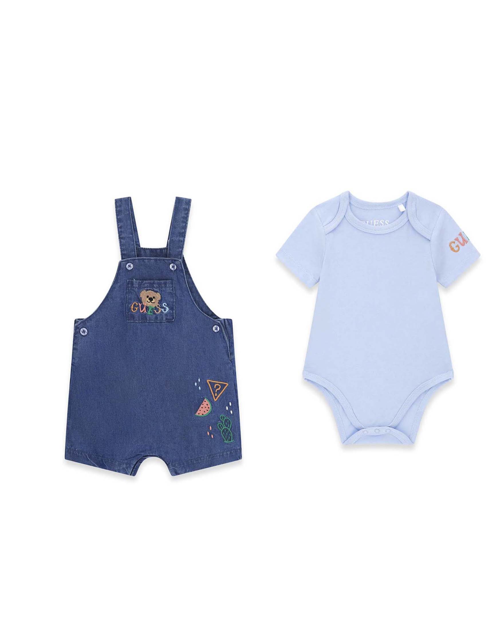 Salopette con T-shirt Guess lavaggio scuro e azzurra in misto cotone con ricami image