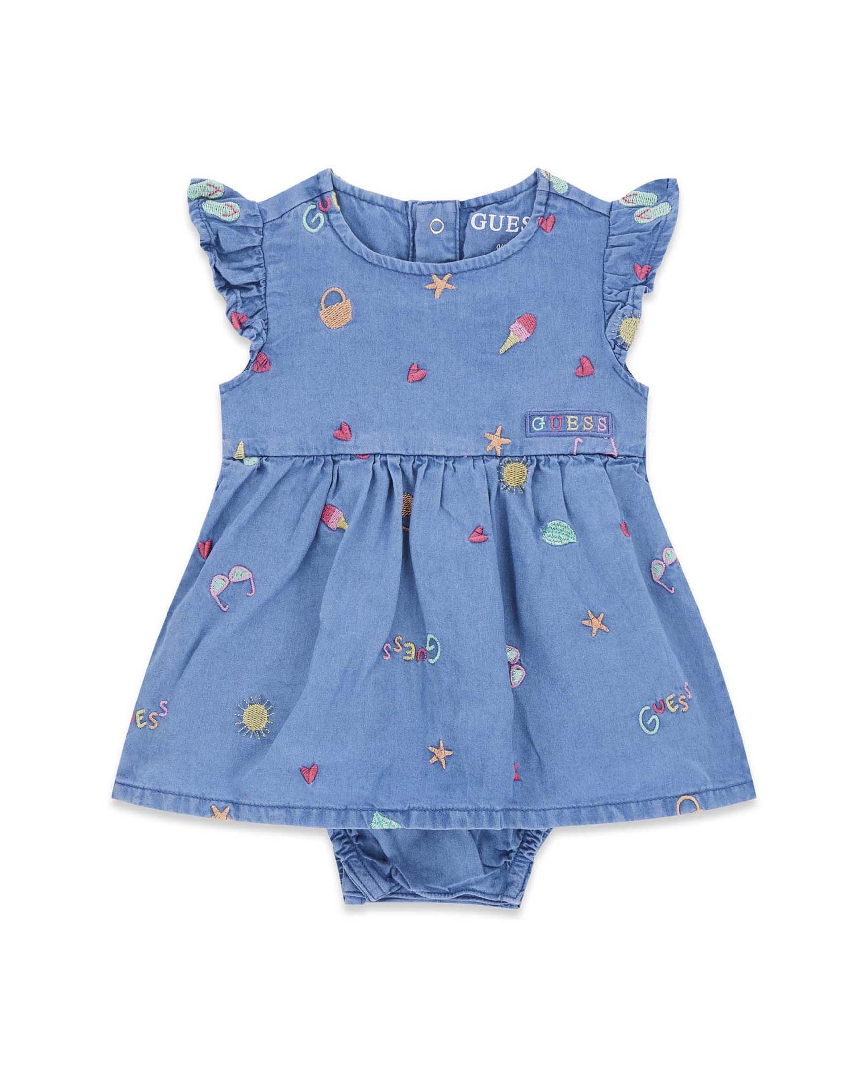 Vestito Guess Kids azzurro in lyocell con ricami e logo ricamato